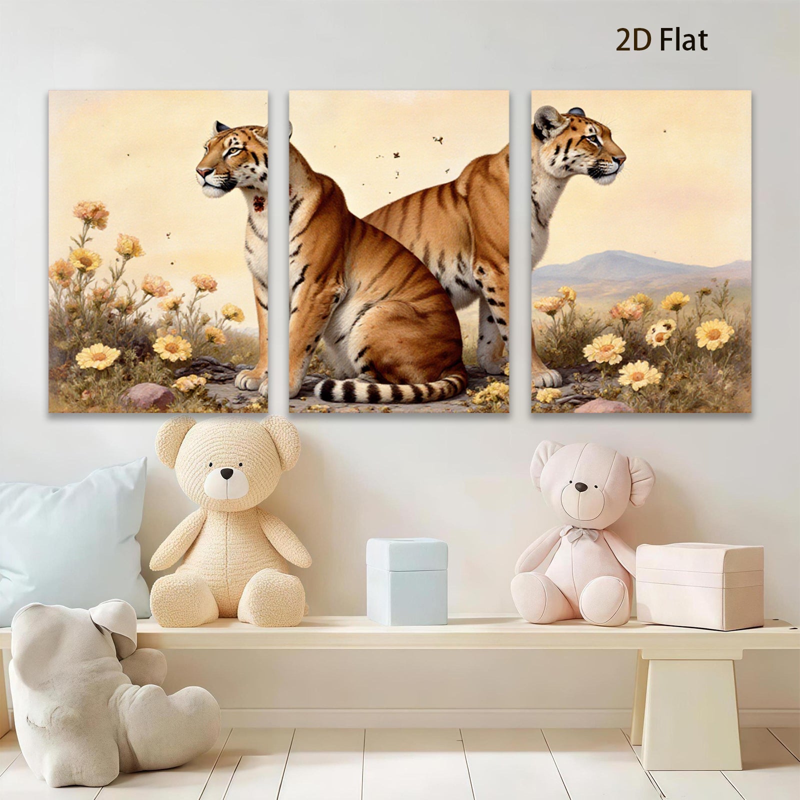 2D flat 1pc Majestic Tigers Amidst Golden Wildflowers Living Room Bedroom Gallery Wall Art Home Decor Canvas Prints Modern Farmhouse Style