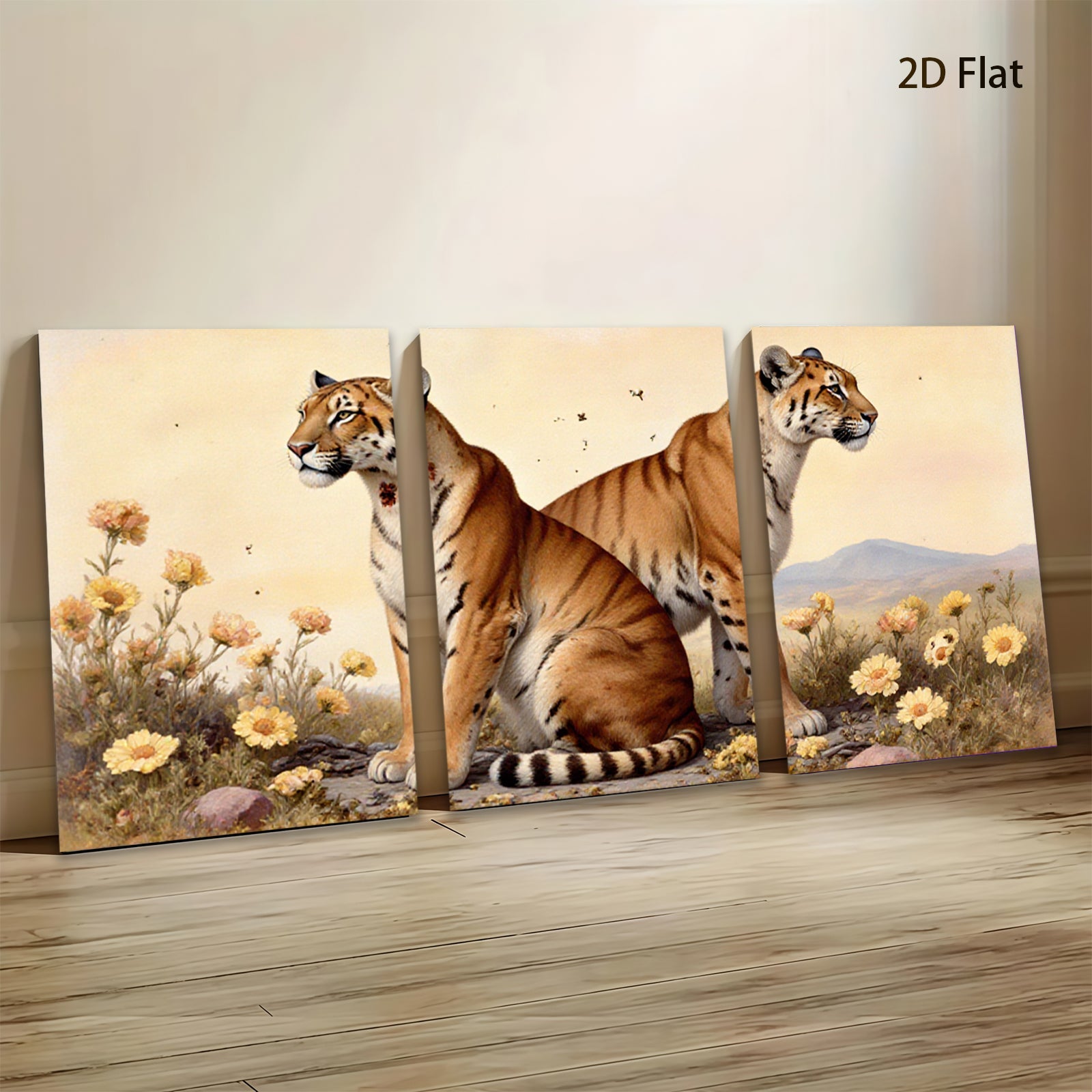 2D flat 1pc Majestic Tigers Amidst Golden Wildflowers Living Room Bedroom Gallery Wall Art Home Decor Canvas Prints Modern Farmhouse Style