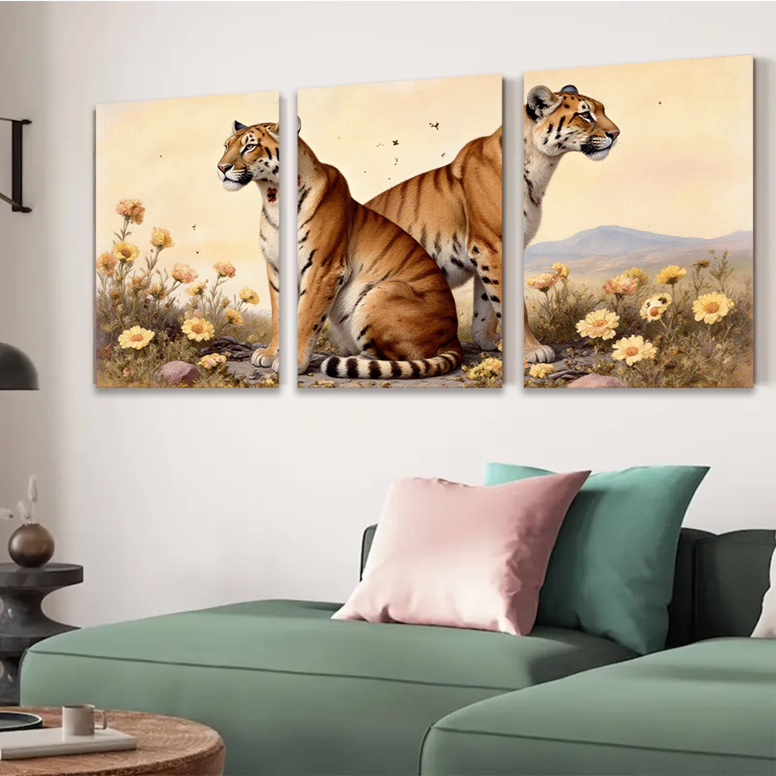 2D flat 1pc Majestic Tigers Amidst Golden Wildflowers Living Room Bedroom Gallery Wall Art Home Decor Canvas Prints Modern Farmhouse Style