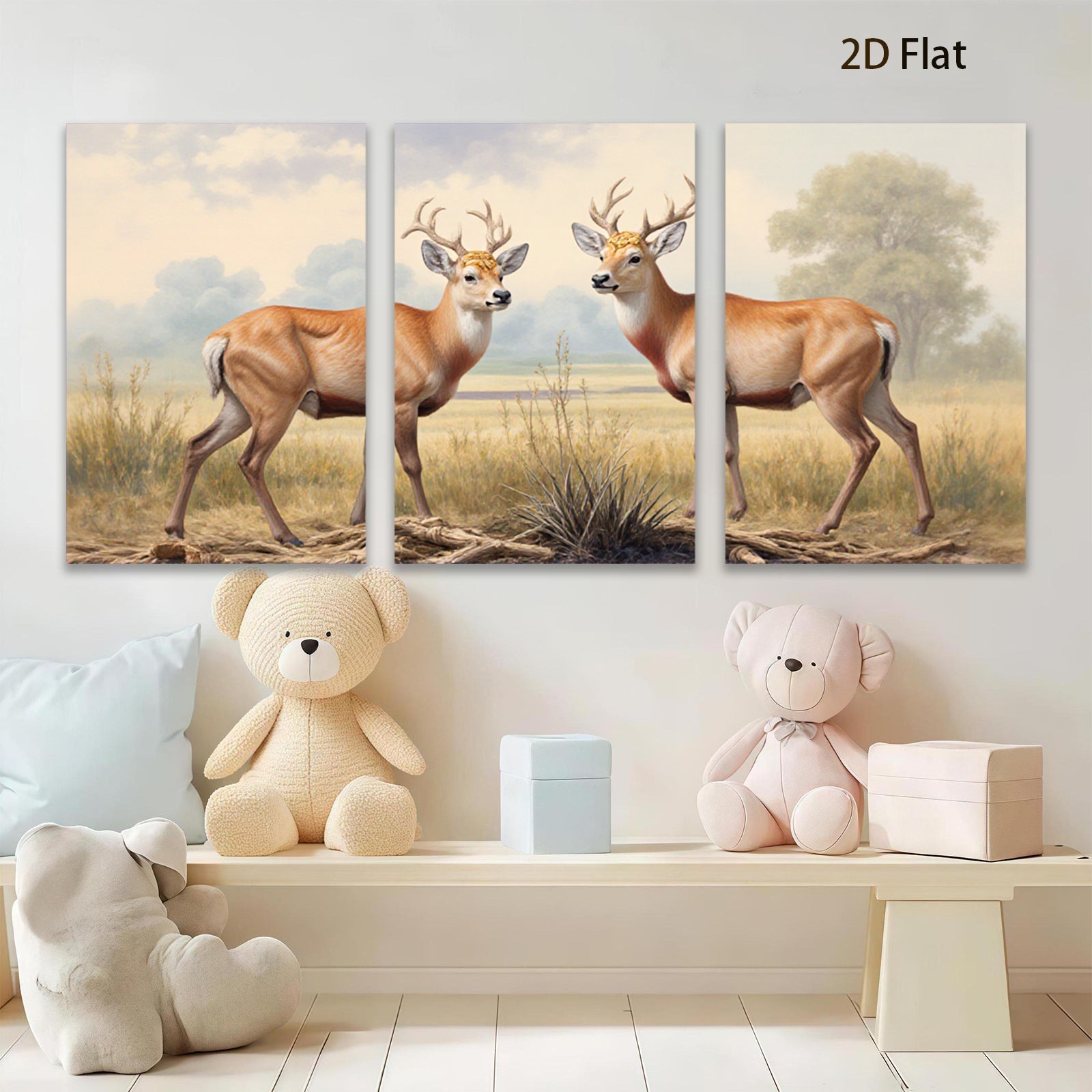 2D flat 1pc Majestic White Tail Deer Grazing Peaceful Countryside Wall Art Canvas Prints for Living Room Bedroom Home Decor Farmhouse Style