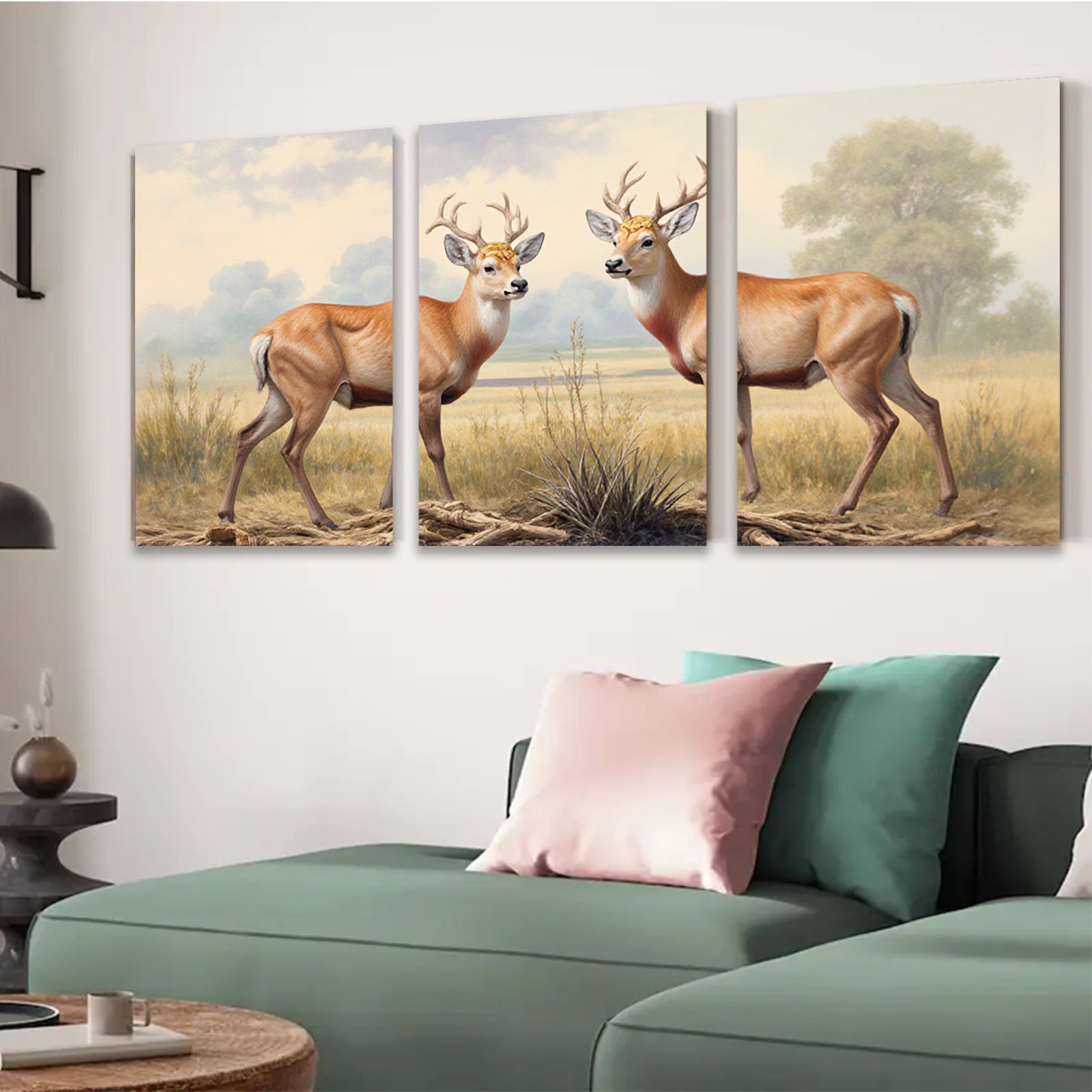 2D flat 1pc Majestic White Tail Deer Grazing Peaceful Countryside Wall Art Canvas Prints for Living Room Bedroom Home Decor Farmhouse Style