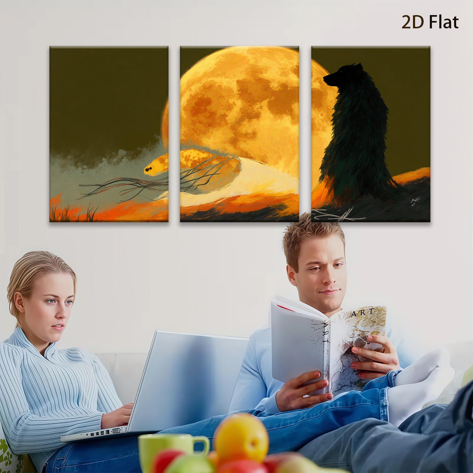 2D flat 1pc Majestic Wolf Silhouette Under Harvest Moon Wall Art Decor for Living Room Bedroom Modern Farmhouse Gallery Wrapped Canvas Prints Ready to Hang