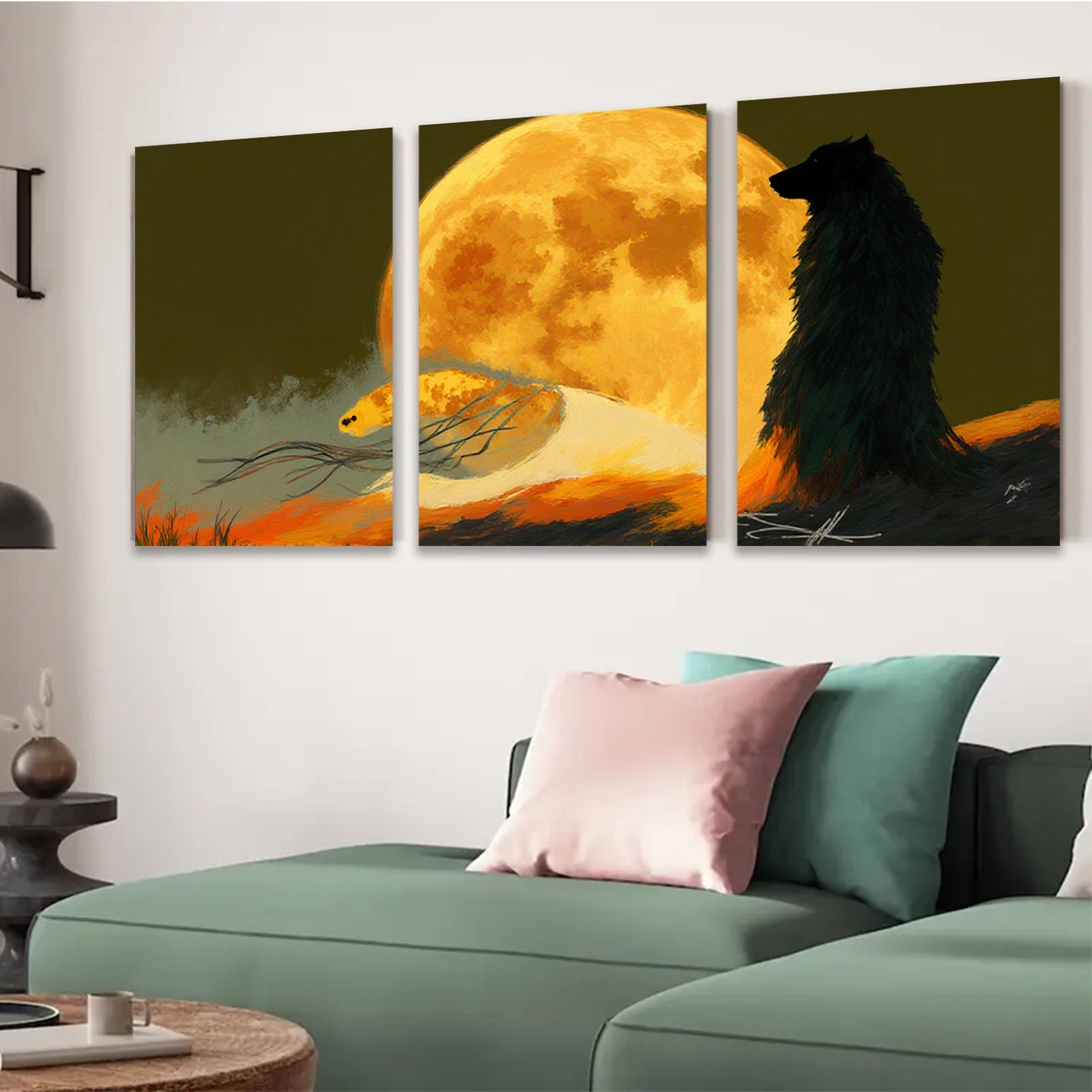 2D flat 1pc Majestic Wolf Silhouette Under Harvest Moon Wall Art Decor for Living Room Bedroom Modern Farmhouse Gallery Wrapped Canvas Prints Ready to Hang