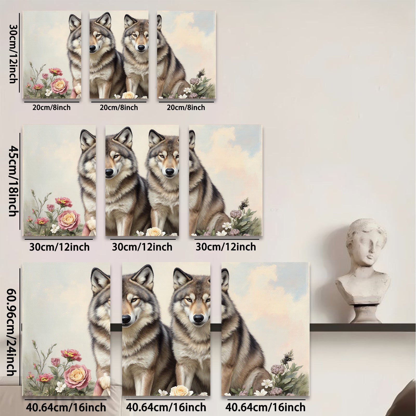 2D flat 1pc Majestic Wolves Floral Portrait Wall Art Canvas Prints Living Room Bedroom Home Decor Farmhouse Style Modern Gallery Wrapped Artwork