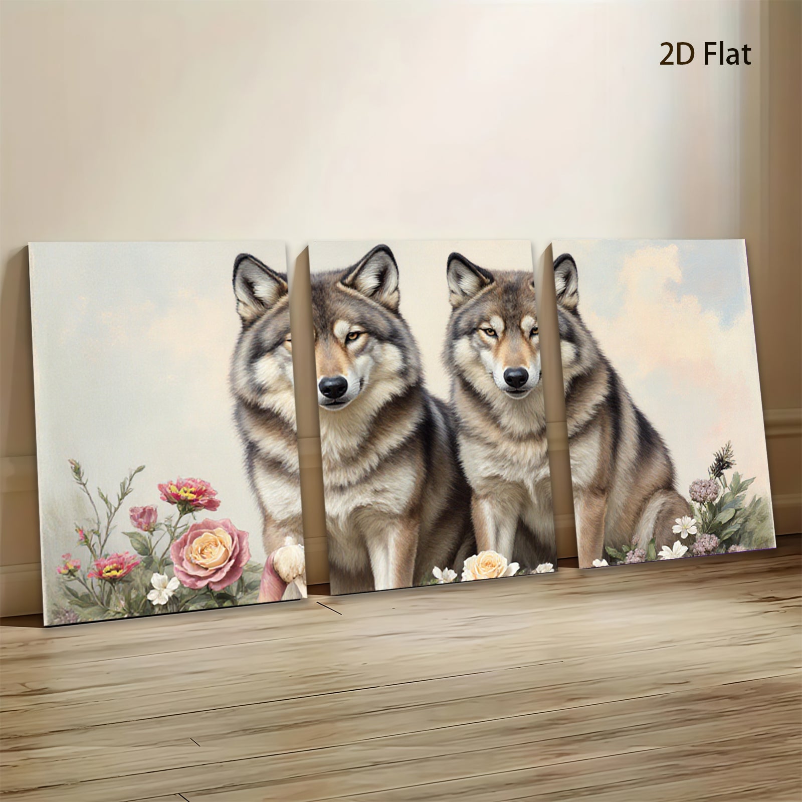 2D flat 1pc Majestic Wolves Floral Portrait Wall Art Canvas Prints Living Room Bedroom Home Decor Farmhouse Style Modern Gallery Wrapped Artwork