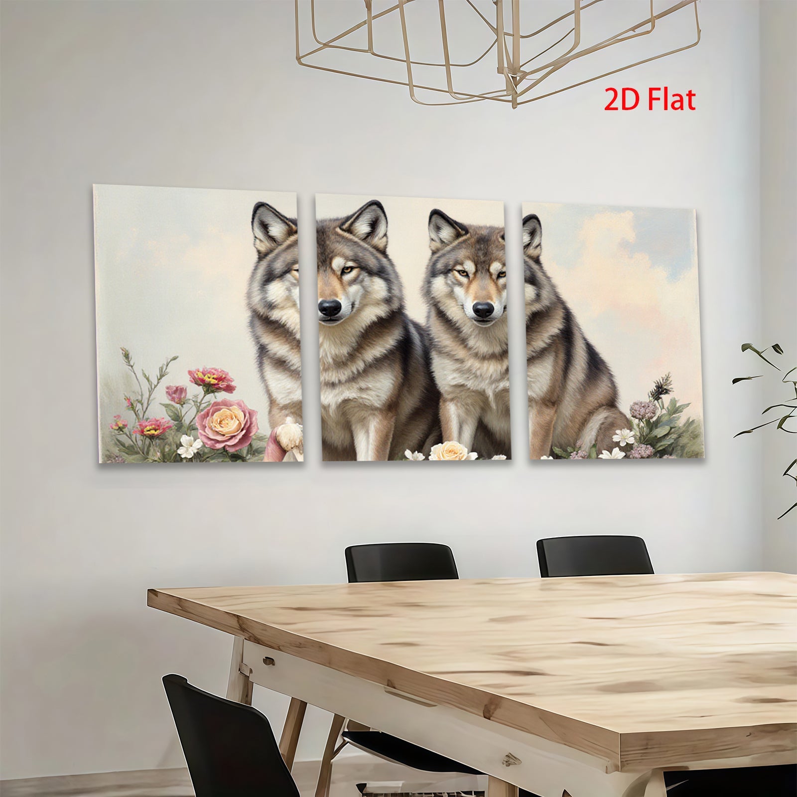 2D flat 1pc Majestic Wolves Floral Portrait Wall Art Canvas Prints Living Room Bedroom Home Decor Farmhouse Style Modern Gallery Wrapped Artwork