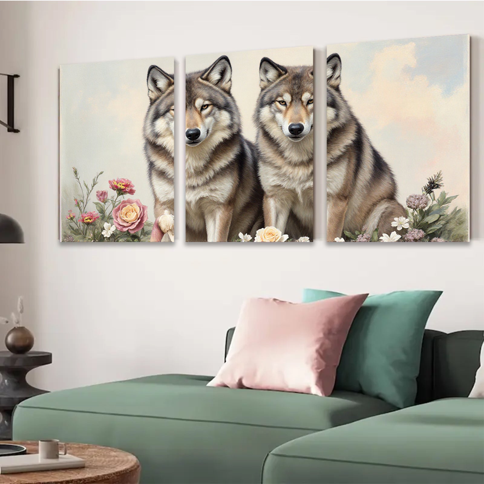 2D flat 1pc Majestic Wolves Floral Portrait Wall Art Canvas Prints Living Room Bedroom Home Decor Farmhouse Style Modern Gallery Wrapped Artwork