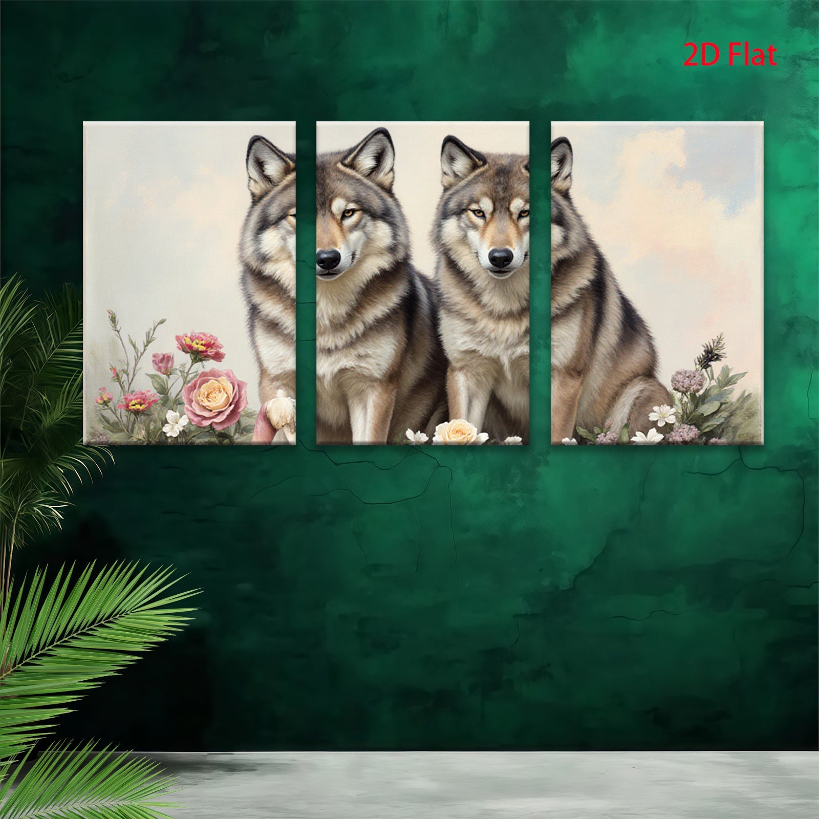 2D flat 1pc Majestic Wolves Floral Portrait Wall Art Canvas Prints Living Room Bedroom Home Decor Farmhouse Style Modern Gallery Wrapped Artwork