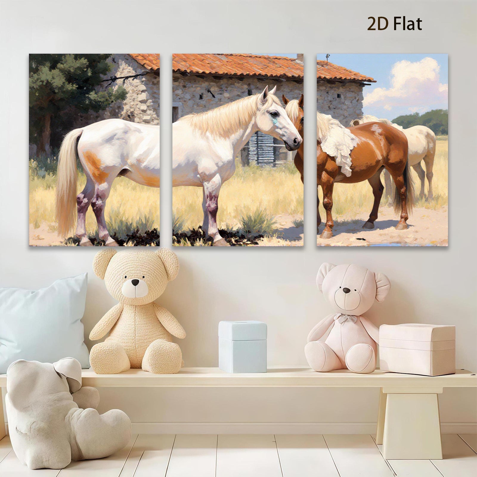 2D flat 1pc Majestic horses grazing by stone barn farmhouse wall art for living room bedroom cozy rustic modern decor gallery wrapped canvas prints