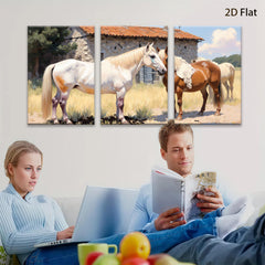 2D flat 1pc Majestic horses grazing by stone barn farmhouse wall art for living room bedroom cozy rustic modern decor gallery wrapped canvas prints