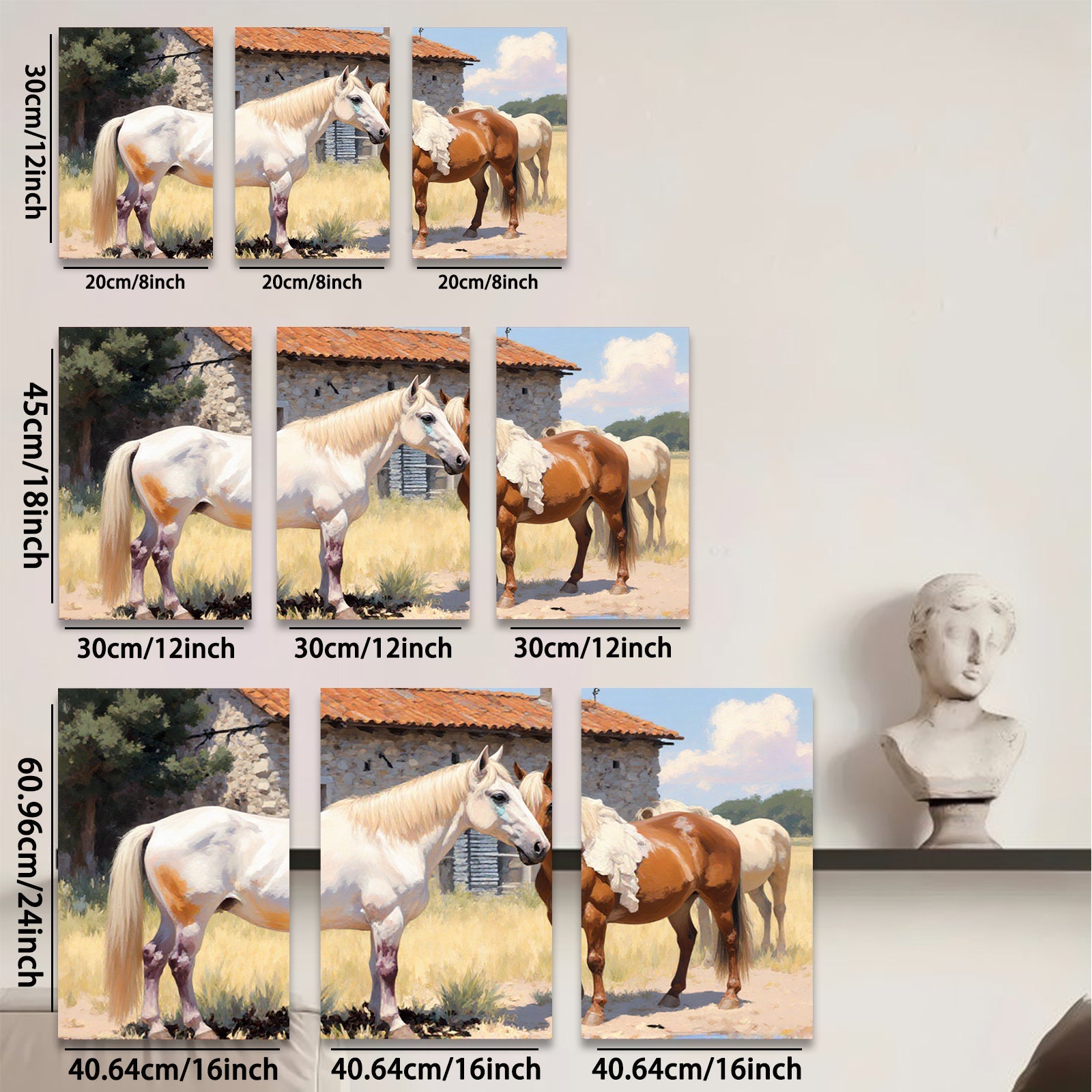 2D flat 1pc Majestic horses grazing by stone barn farmhouse wall art for living room bedroom cozy rustic modern decor gallery wrapped canvas prints