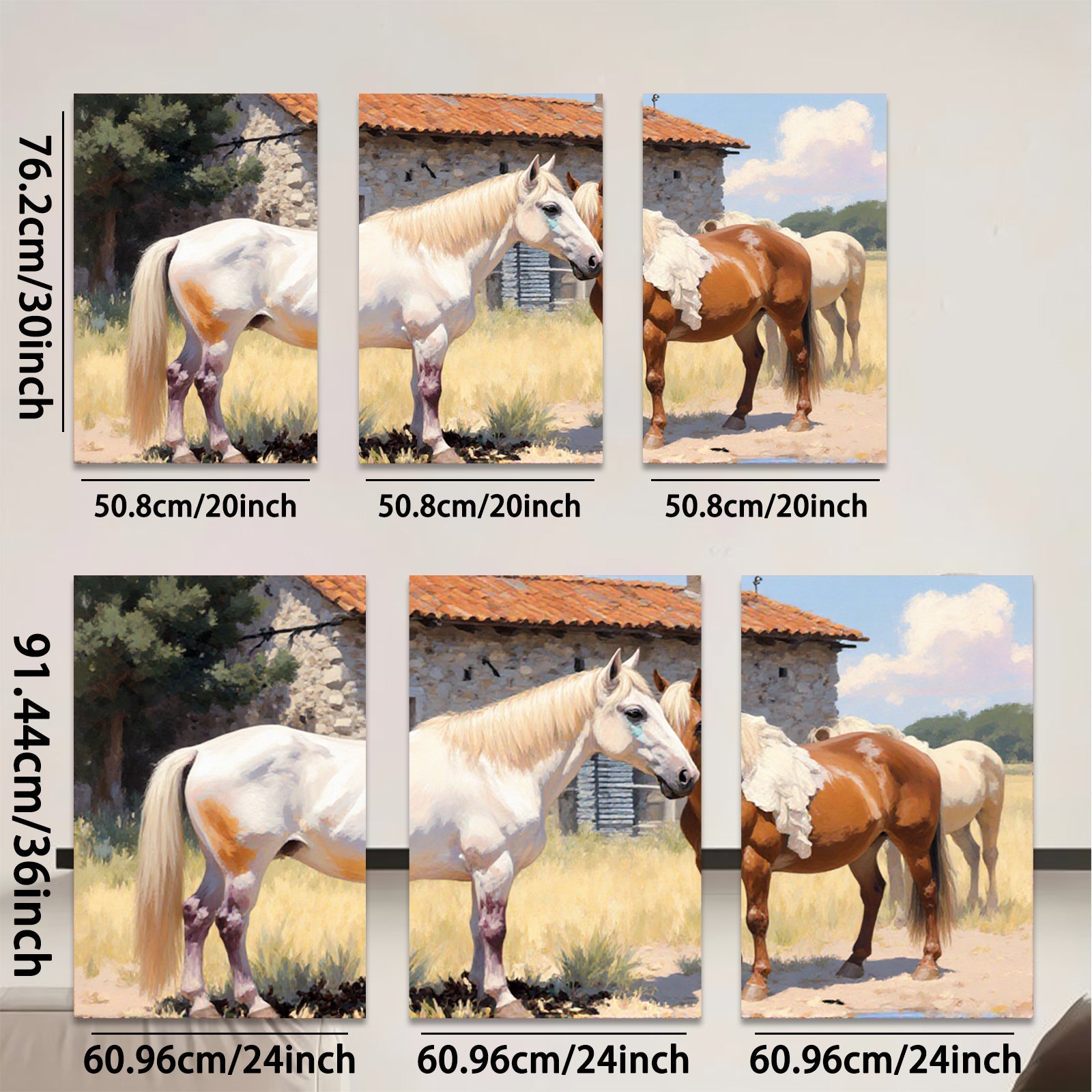 2D flat 1pc Majestic horses grazing by stone barn farmhouse wall art for living room bedroom cozy rustic modern decor gallery wrapped canvas prints