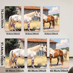 2D flat 1pc Majestic horses grazing by stone barn farmhouse wall art for living room bedroom cozy rustic modern decor gallery wrapped canvas prints