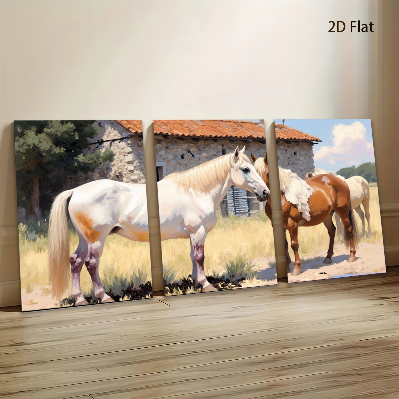 2D flat 1pc Majestic horses grazing by stone barn farmhouse wall art for living room bedroom cozy rustic modern decor gallery wrapped canvas prints