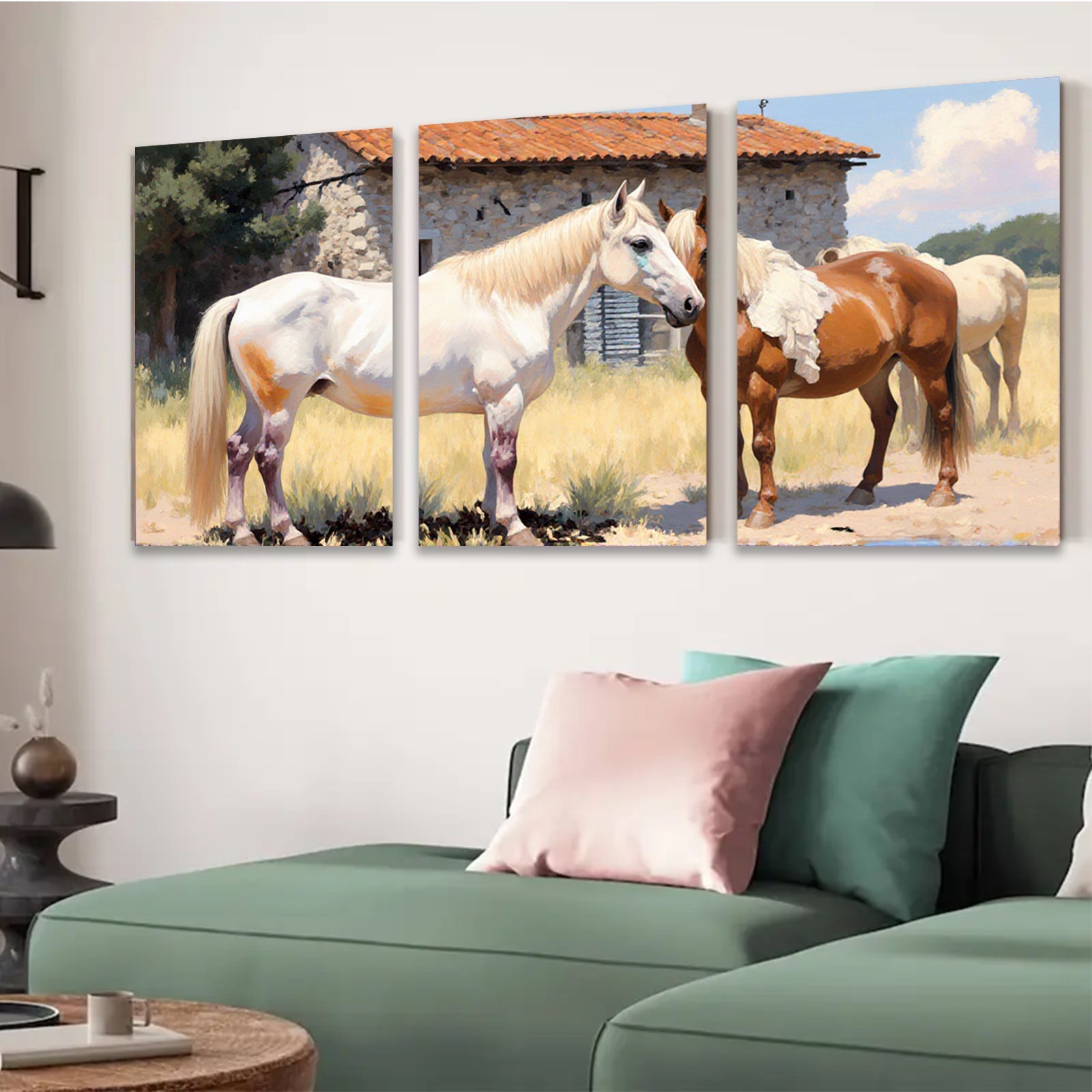 2D flat 1pc Majestic horses grazing by stone barn farmhouse wall art for living room bedroom cozy rustic modern decor gallery wrapped canvas prints