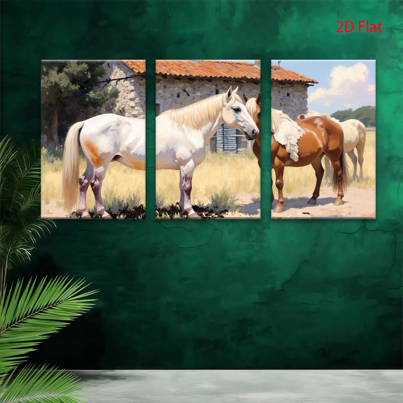 2D flat 1pc Majestic horses grazing by stone barn farmhouse wall art for living room bedroom cozy rustic modern decor gallery wrapped canvas prints