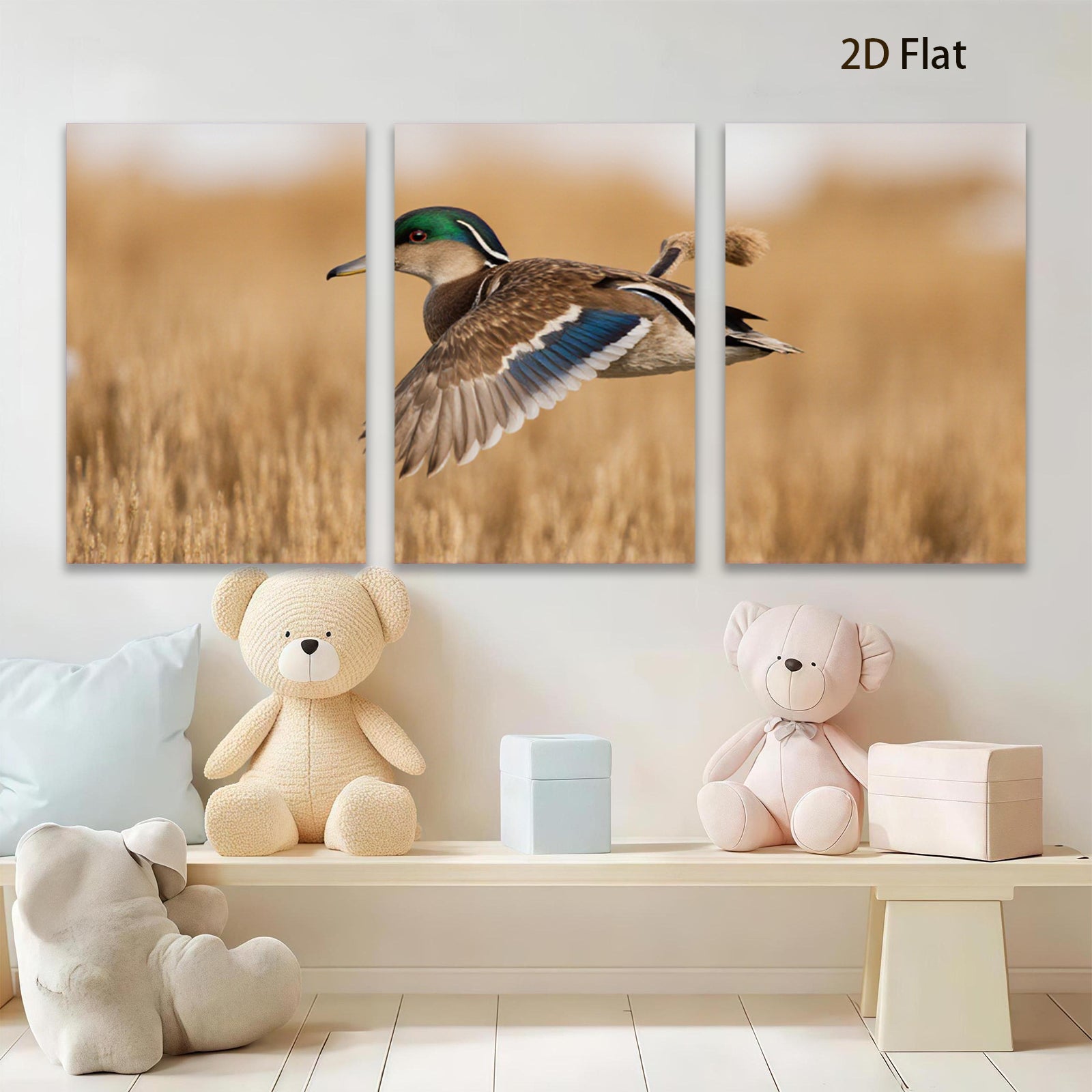 2D flat 1pc Mallard Duck Flight Wildlife Canvas Wall Art Decor for Living Room Bedroom Home Office Modern Farmhouse Rustic Gallery Wrapped