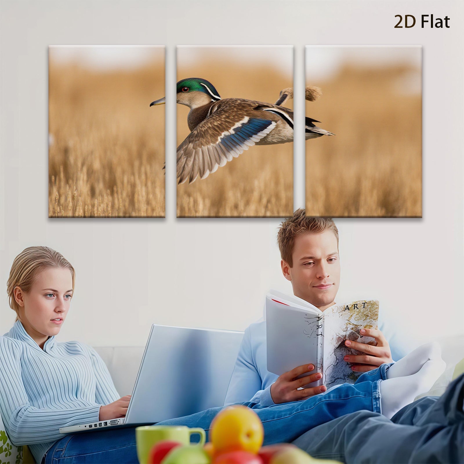 2D flat 1pc Mallard Duck Flight Wildlife Canvas Wall Art Decor for Living Room Bedroom Home Office Modern Farmhouse Rustic Gallery Wrapped
