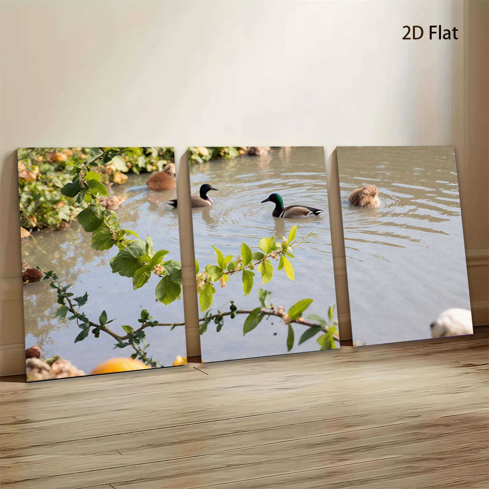 2D flat 1pc Mallard Ducks Peaceful Pond Wildlife Art Living Room Bedroom Gallery Wrapped Canvas Print Modern Farmhouse Wall Decor Cozy Home