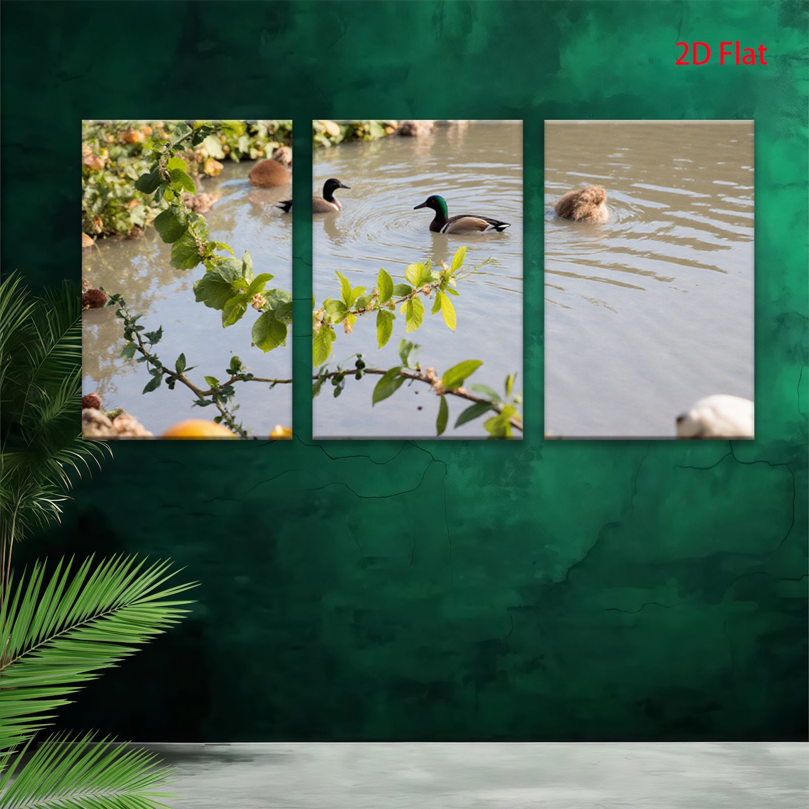 2D flat 1pc Mallard Ducks Peaceful Pond Wildlife Art Living Room Bedroom Gallery Wrapped Canvas Print Modern Farmhouse Wall Decor Cozy Home