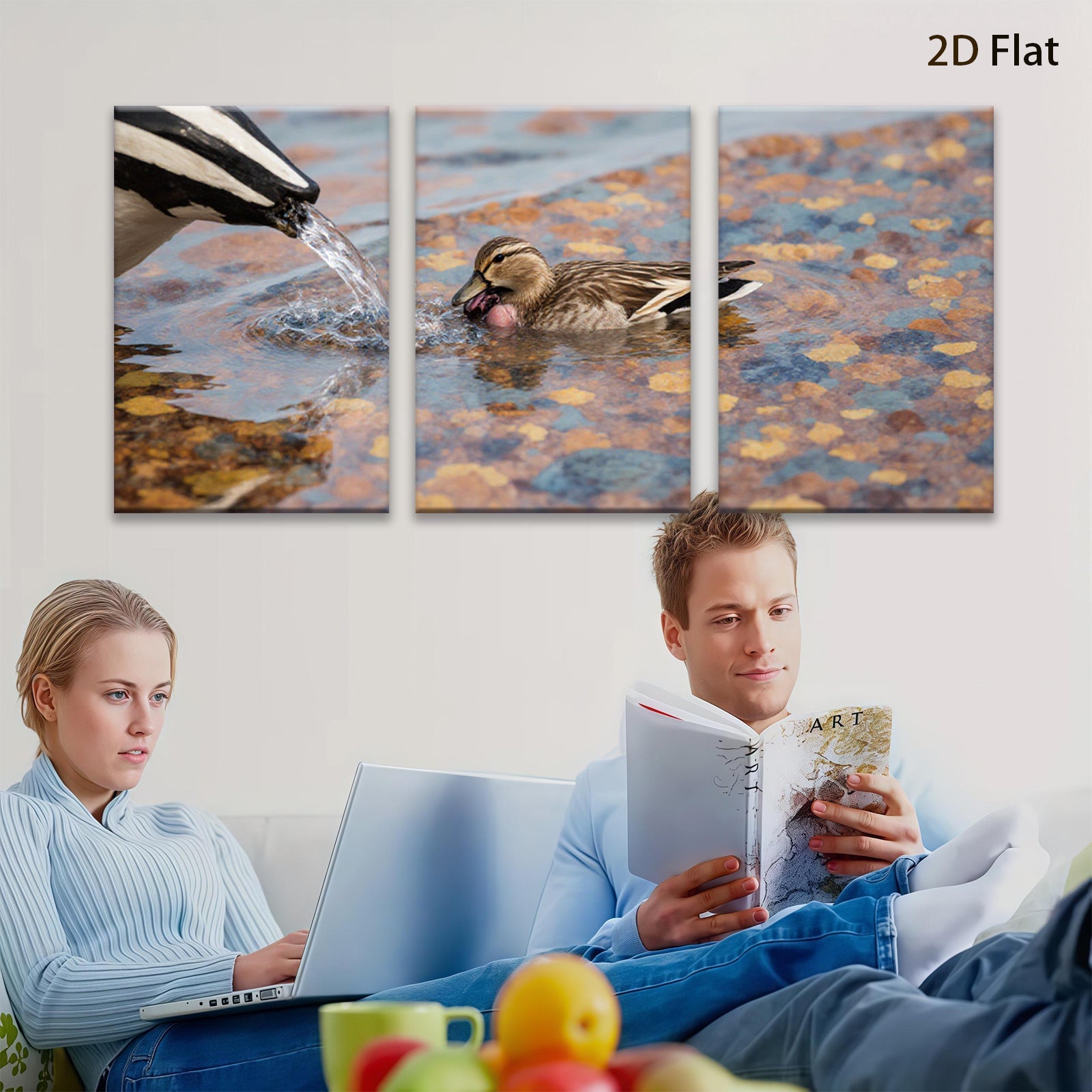 2D flat 1pc Mallard duck drinking water vibrant wildlife painting for bathroom bedroom living room gallery wrapped canvas farmhouse decor modern minimalist