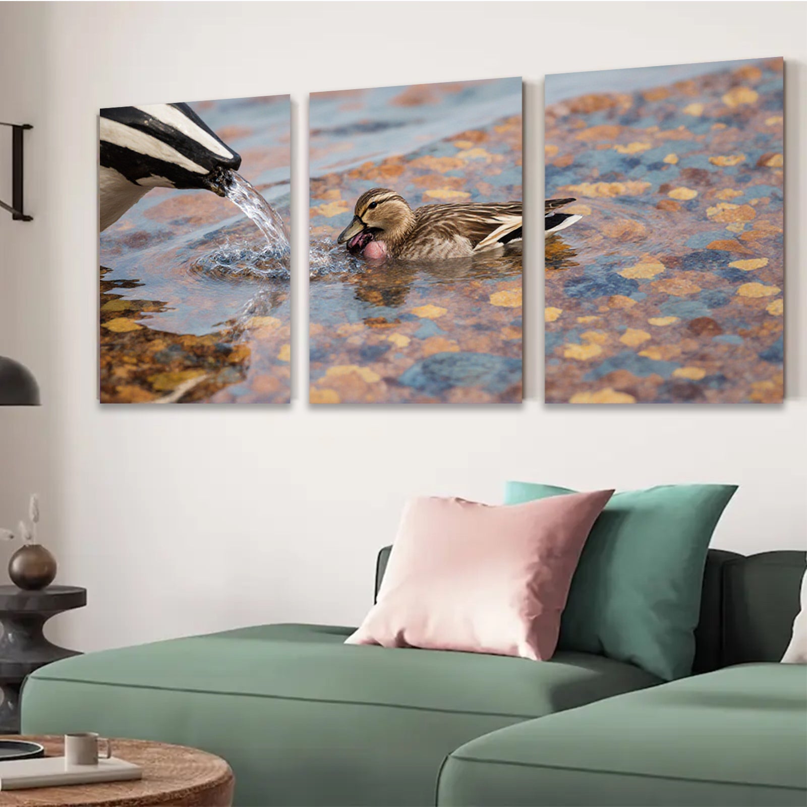 2D flat 1pc Mallard duck drinking water vibrant wildlife painting for bathroom bedroom living room gallery wrapped canvas farmhouse decor modern minimalist