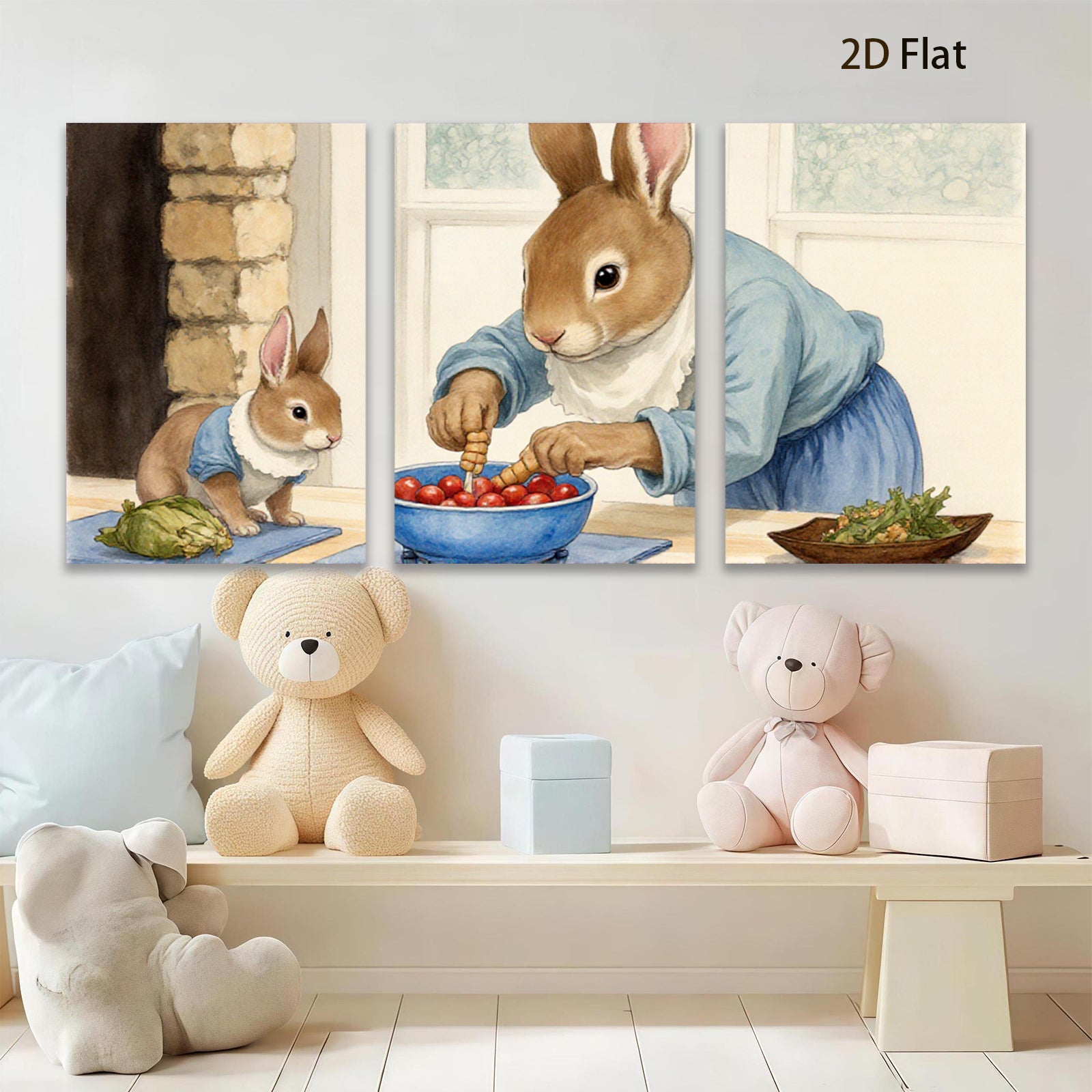2D flat 1pc Mama Rabbit Prepares Cherry Treat Nursery Wall Art Kids Room Decor Farmhouse Style Living Room Canvas Print Cozy Home Accent Gift Idea