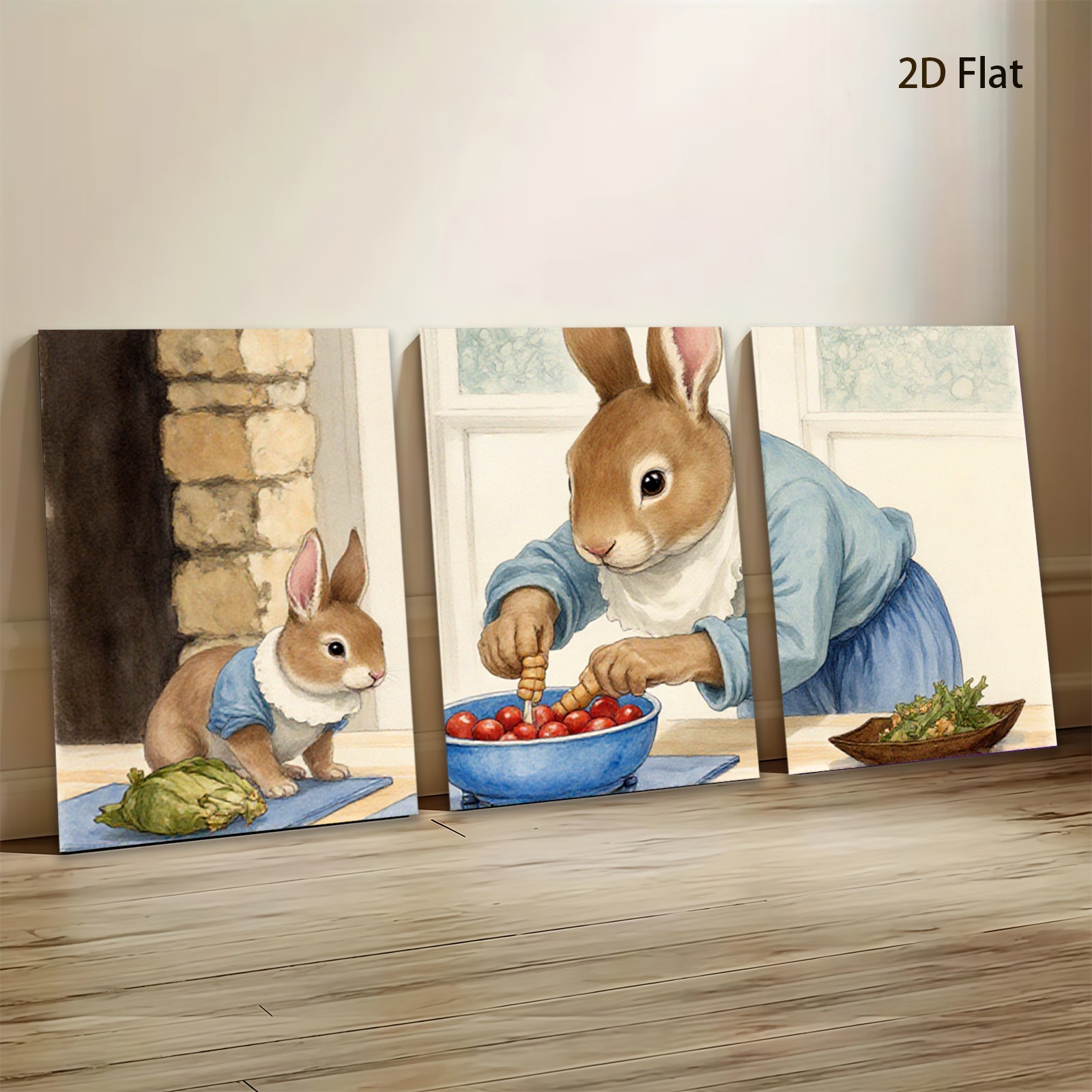 2D flat 1pc Mama Rabbit Prepares Cherry Treat Nursery Wall Art Kids Room Decor Farmhouse Style Living Room Canvas Print Cozy Home Accent Gift Idea