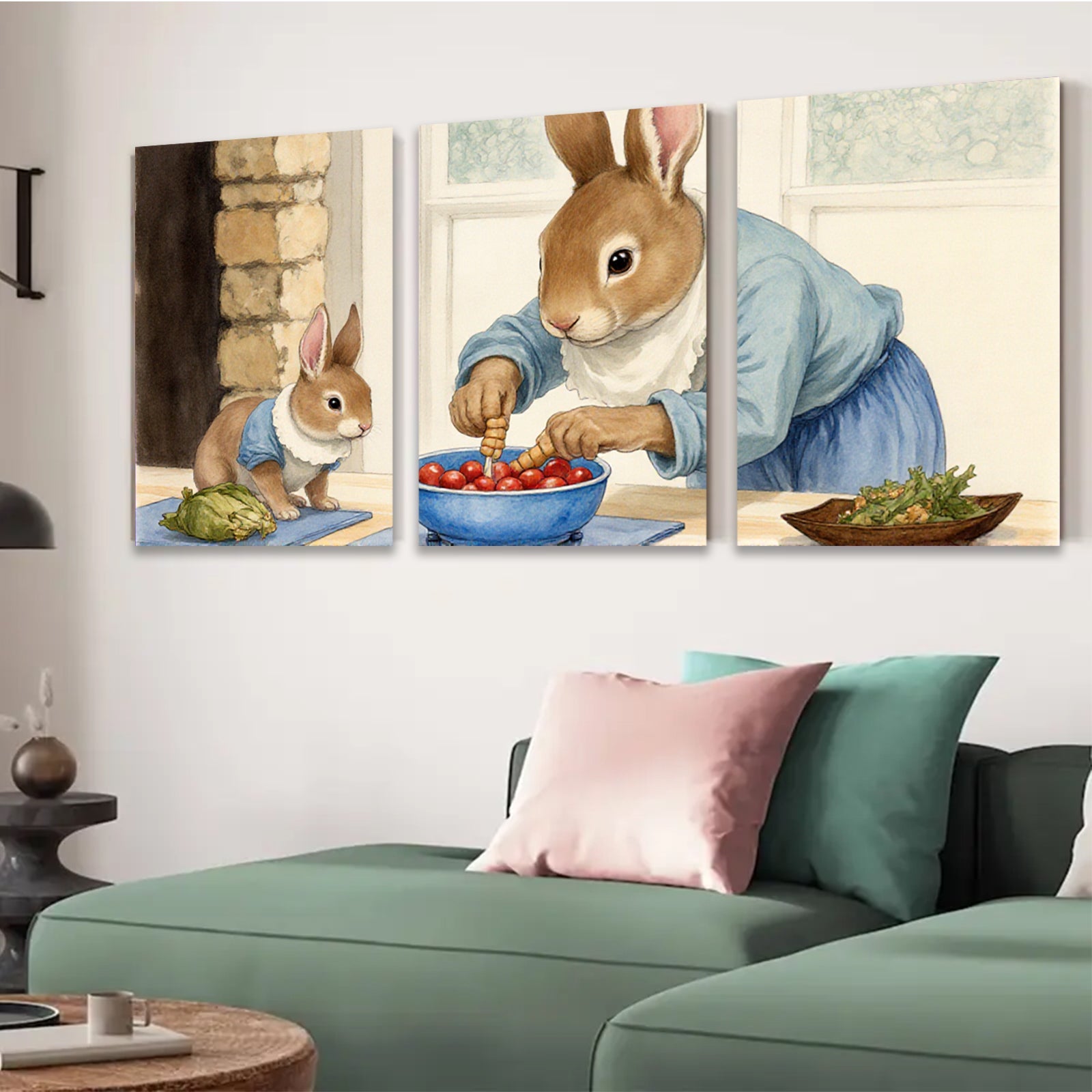 2D flat 1pc Mama Rabbit Prepares Cherry Treat Nursery Wall Art Kids Room Decor Farmhouse Style Living Room Canvas Print Cozy Home Accent Gift Idea