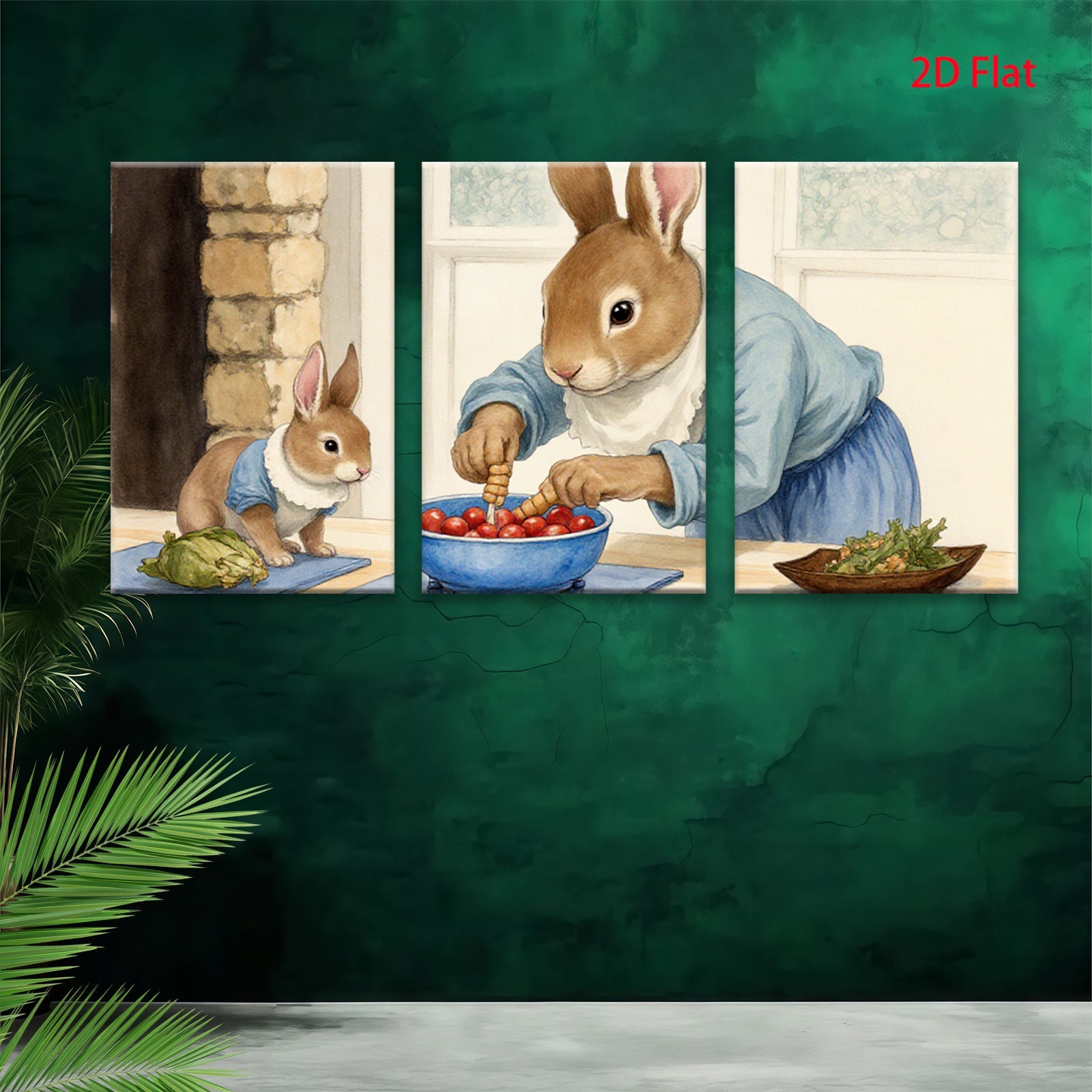 2D flat 1pc Mama Rabbit Prepares Cherry Treat Nursery Wall Art Kids Room Decor Farmhouse Style Living Room Canvas Print Cozy Home Accent Gift Idea