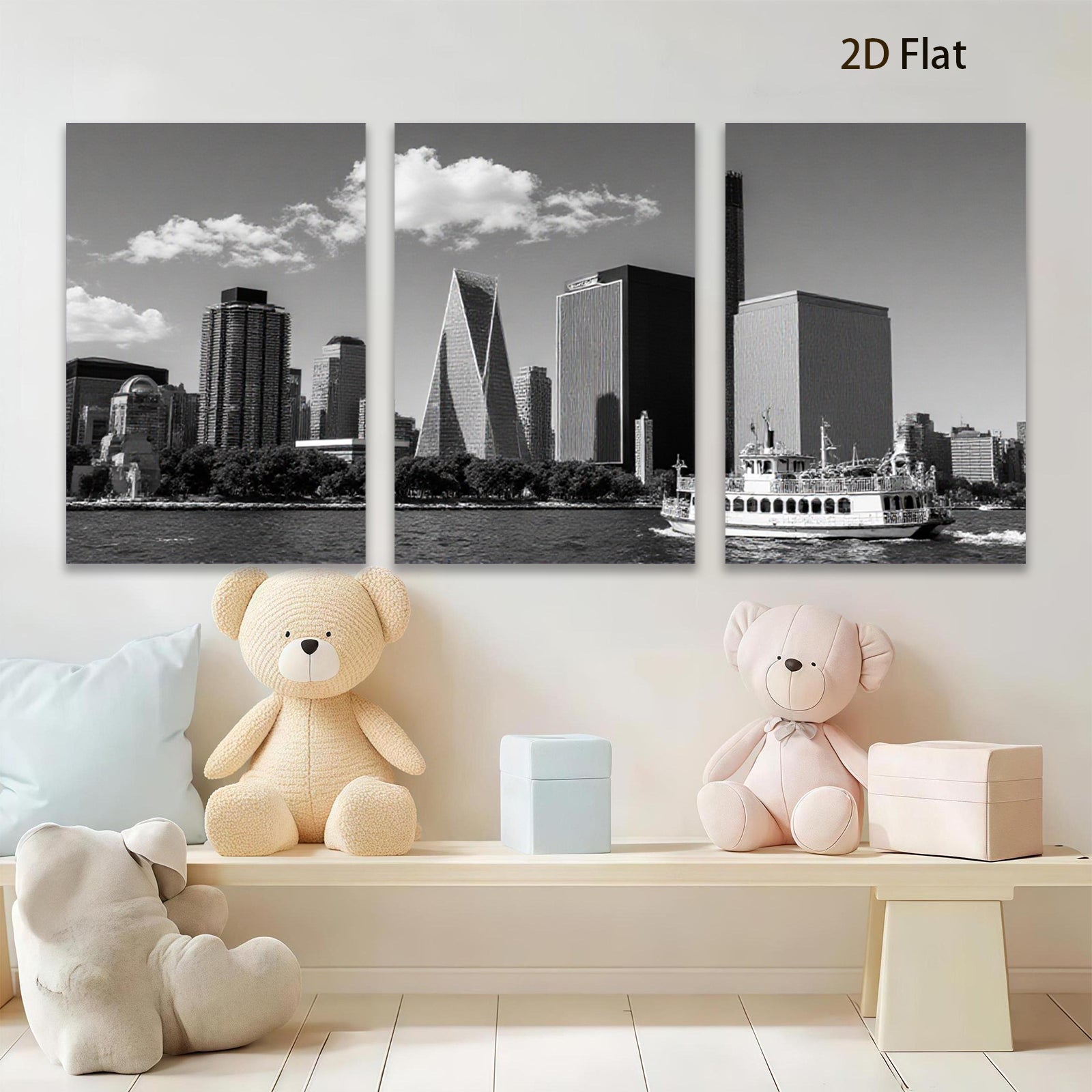 2D flat 1pc Manhattan skyline boat view modern city wall art decor living room bedroom office canvas prints farmhouse style inspirational cozy home decor