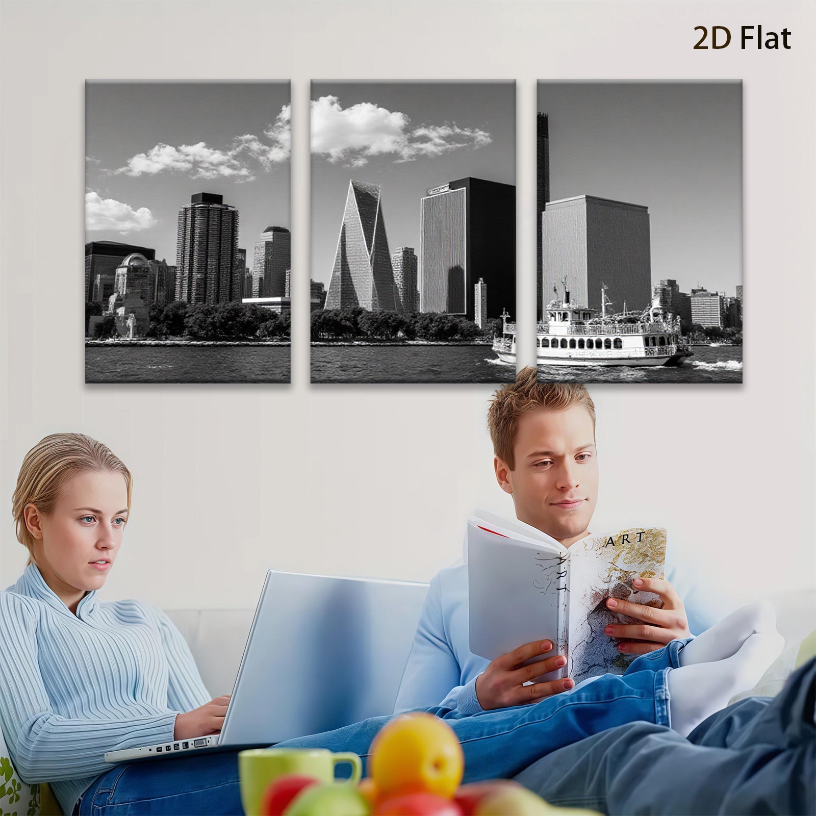 2D flat 1pc Manhattan skyline boat view modern city wall art decor living room bedroom office canvas prints farmhouse style inspirational cozy home decor