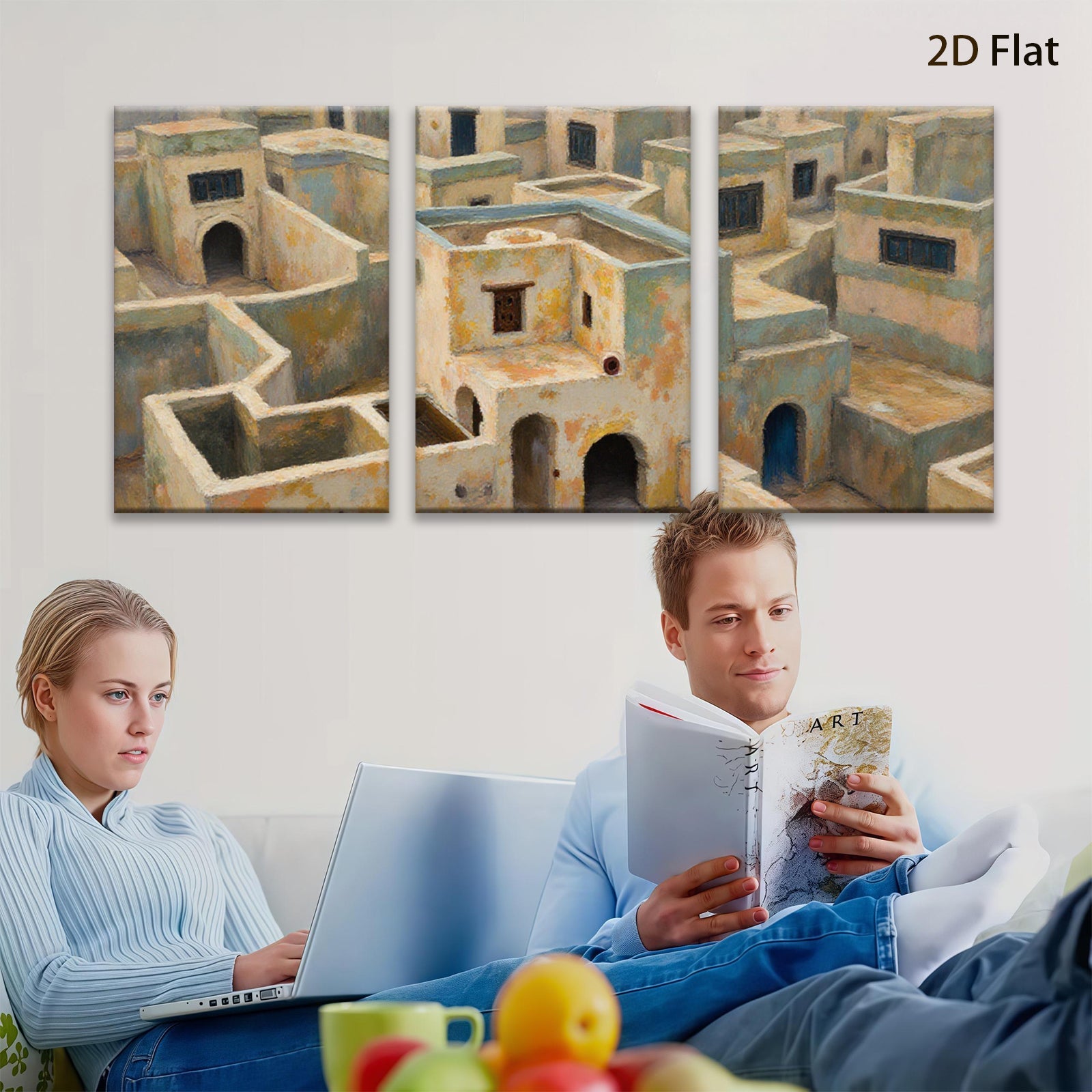 2D flat 1pc Mediterranean village abstract wall art coastal home decor living room bedroom office farmhouse style canvas prints modern gallery wrapped