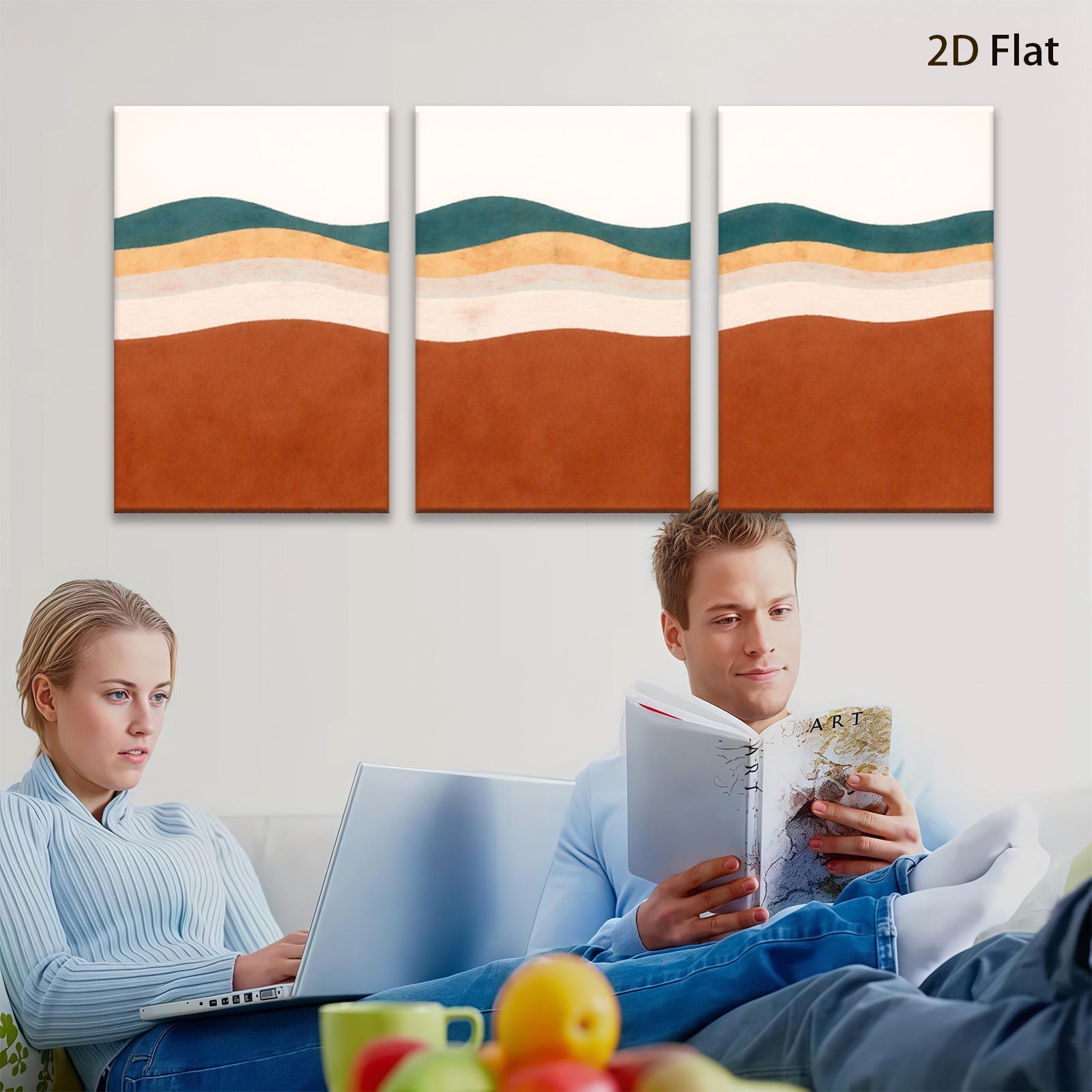 2D flat 1pc Mid Century Modern Abstract Wave Wall Art Living Room Bedroom Home Decor Gallery Wrapped Canvas Prints Textured Artwork Cozy Farmhouse Style