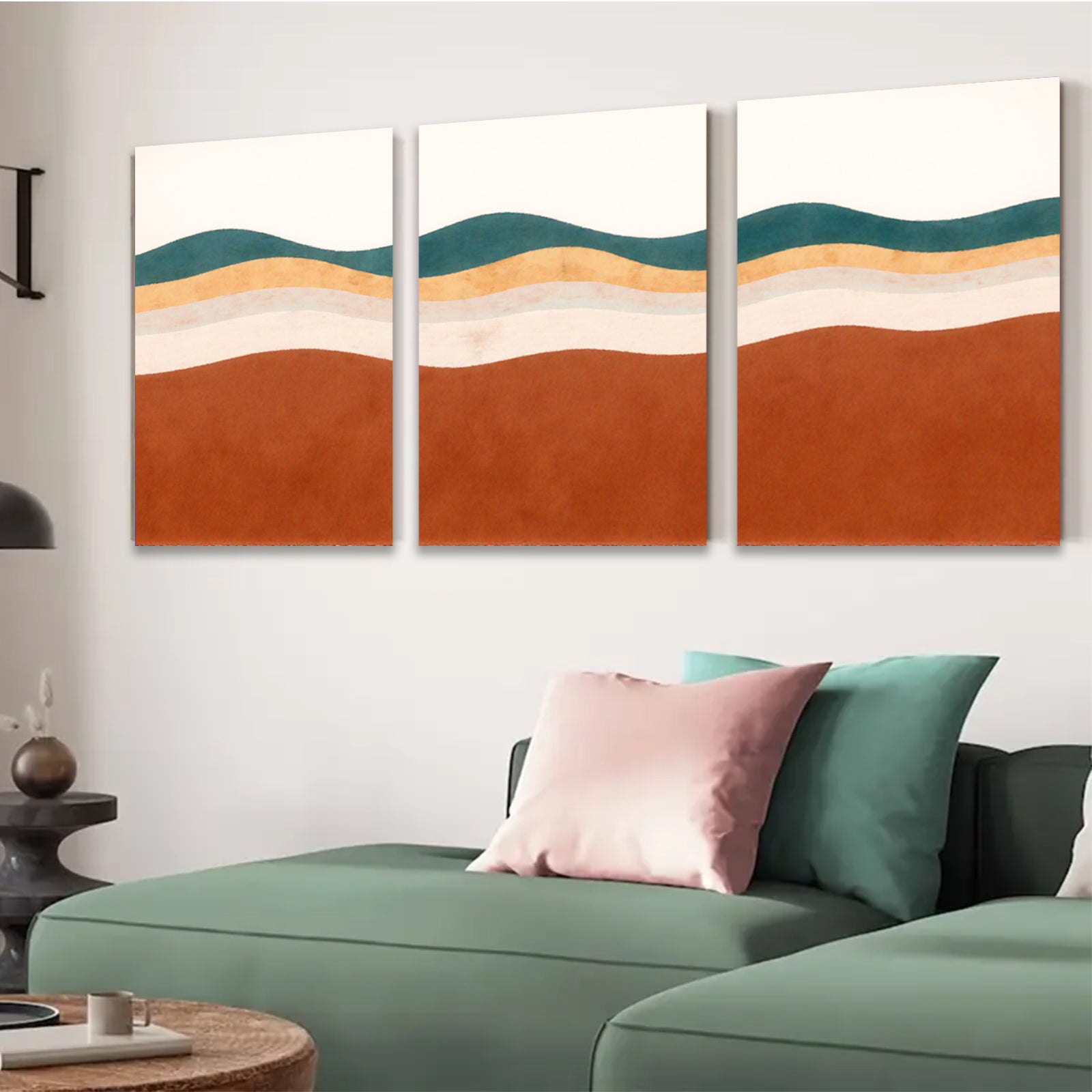 2D flat 1pc Mid Century Modern Abstract Wave Wall Art Living Room Bedroom Home Decor Gallery Wrapped Canvas Prints Textured Artwork Cozy Farmhouse Style