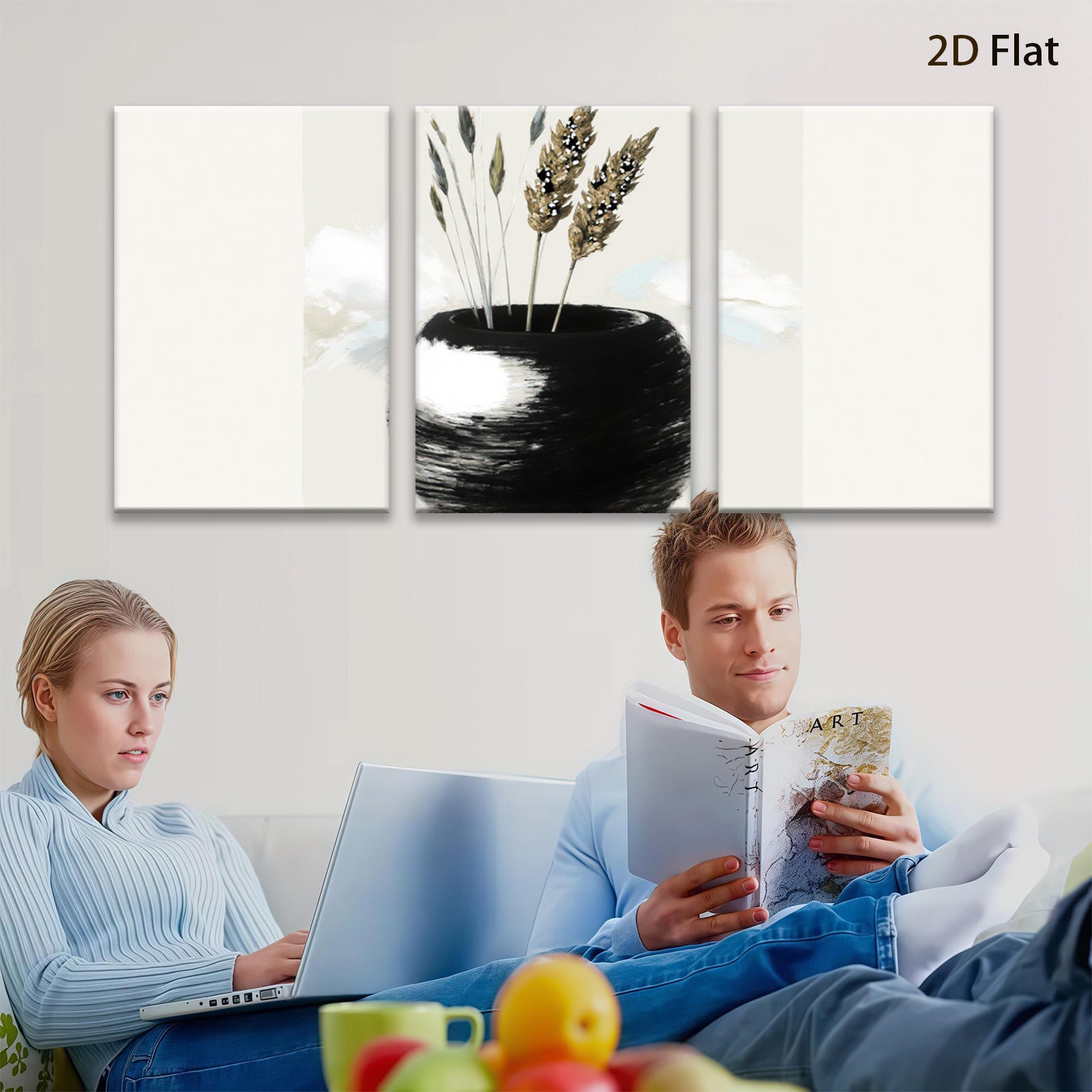 2D flat 1pc Minimalist vase with wheat stalks farmhouse wall art for living room bedroom gallery wrapped canvas print modern botanical decor