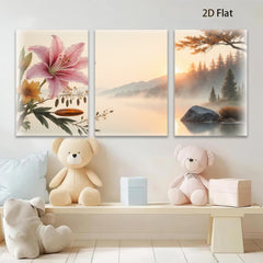 2D flat 1pc Misty Lake Sunrise Floral Canvas Wall Art for Living Room Bedroom Home Decor Modern Farmhouse Rustic Gallery Wrapped Prints