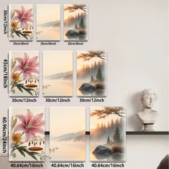 2D flat 1pc Misty Lake Sunrise Floral Canvas Wall Art for Living Room Bedroom Home Decor Modern Farmhouse Rustic Gallery Wrapped Prints