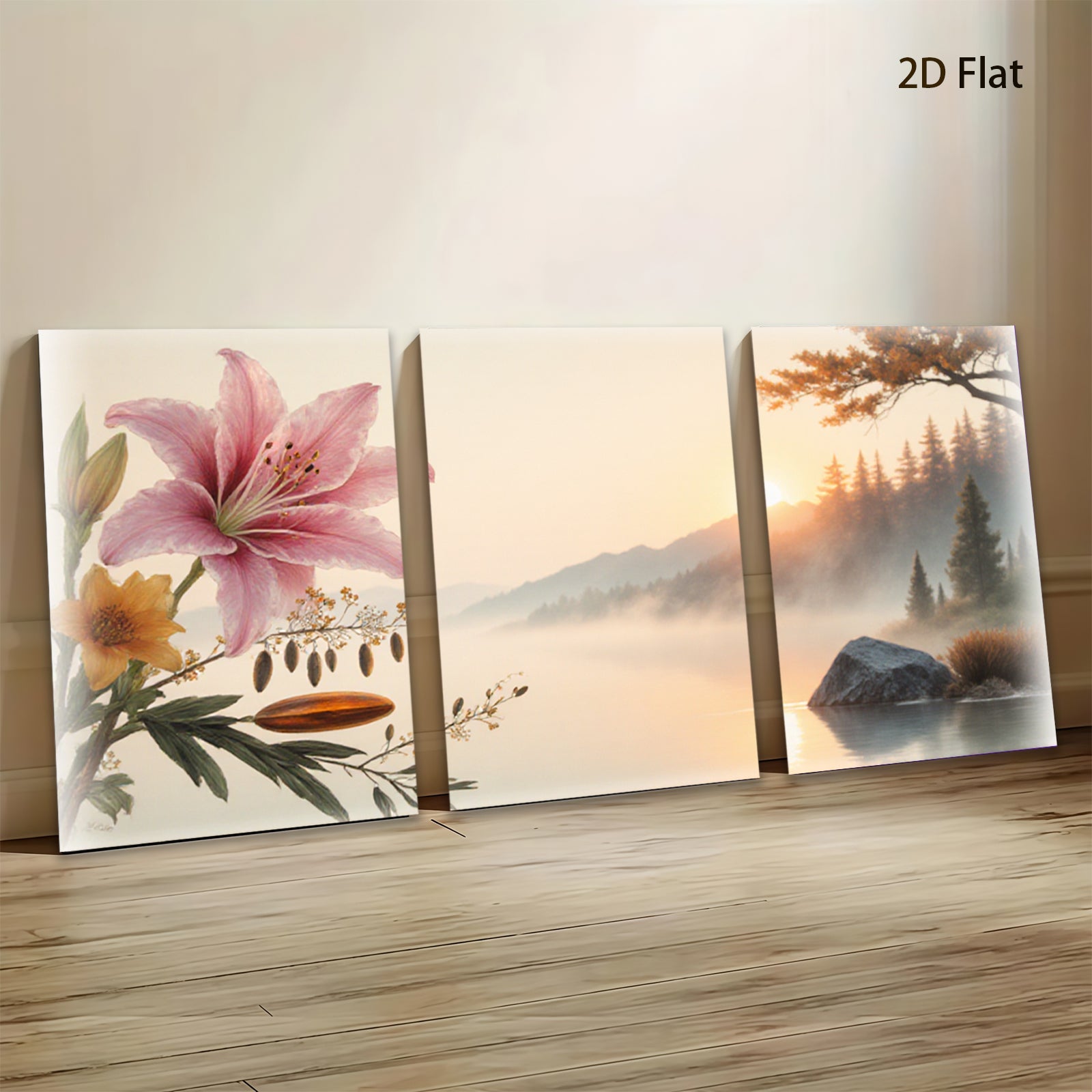 2D flat 1pc Misty Lake Sunrise Floral Canvas Wall Art for Living Room Bedroom Home Decor Modern Farmhouse Rustic Gallery Wrapped Prints