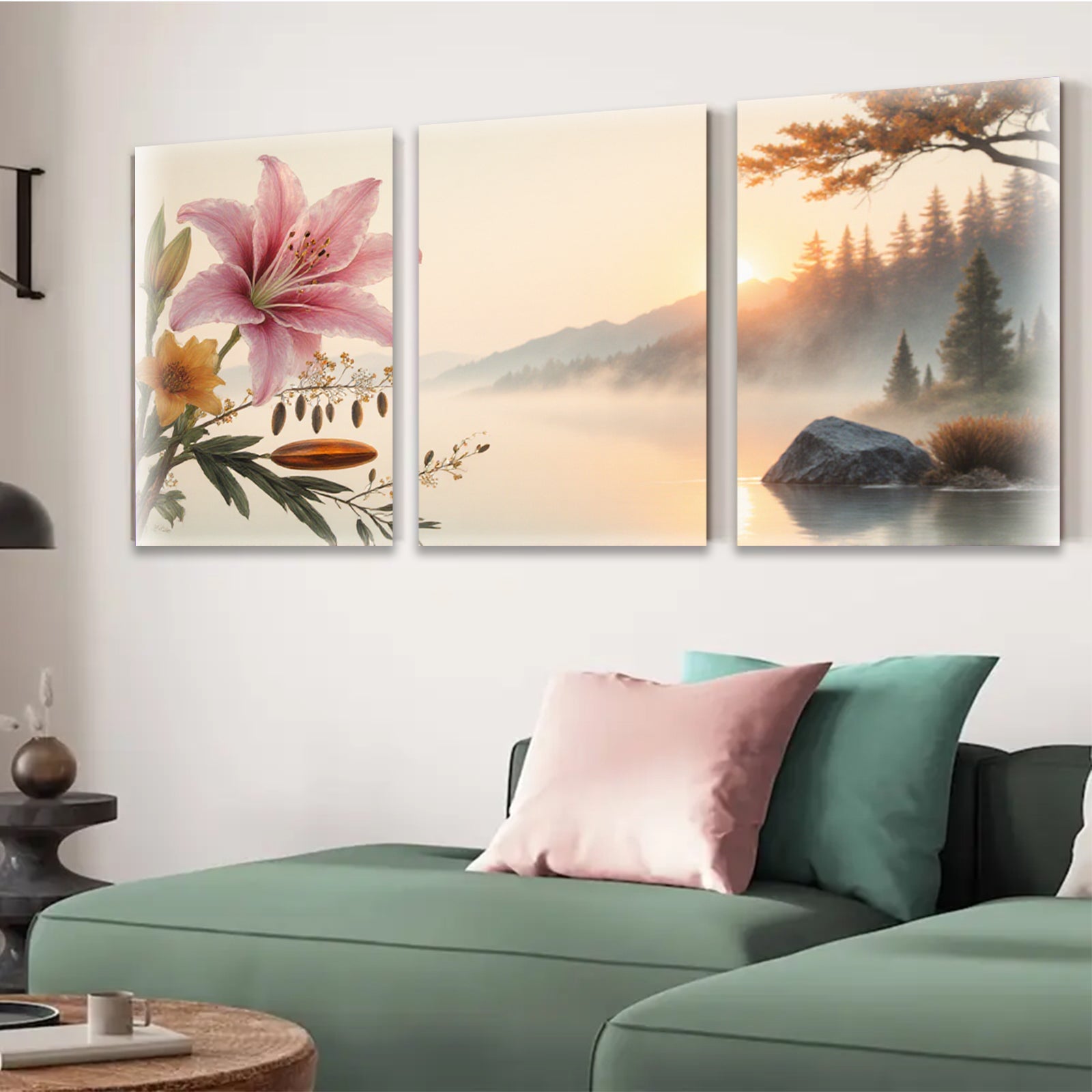 2D flat 1pc Misty Lake Sunrise Floral Canvas Wall Art for Living Room Bedroom Home Decor Modern Farmhouse Rustic Gallery Wrapped Prints