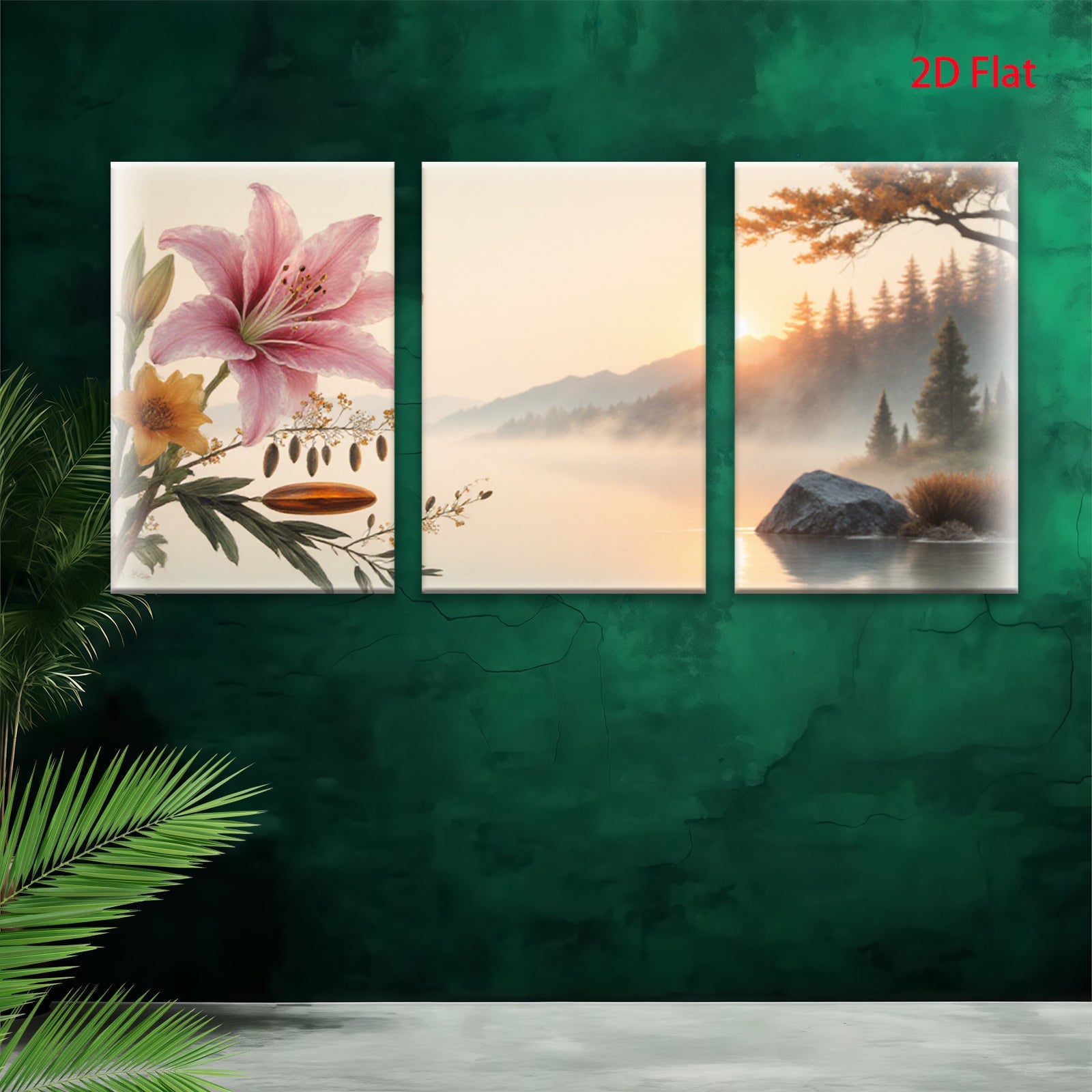 2D flat 1pc Misty Lake Sunrise Floral Canvas Wall Art for Living Room Bedroom Home Decor Modern Farmhouse Rustic Gallery Wrapped Prints