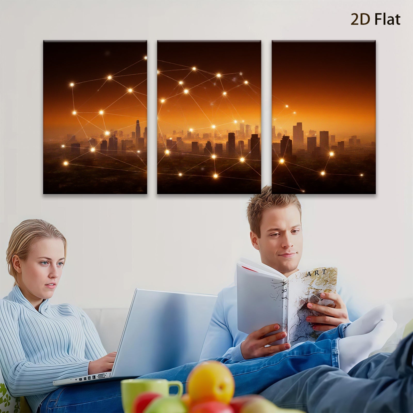 2D flat 1pc Modern Cityscape Network Connection Wall Art Living Room Bedroom Home Decor Gallery Wrapped Canvas Prints for Office Modern Farmhouse Aesthetic