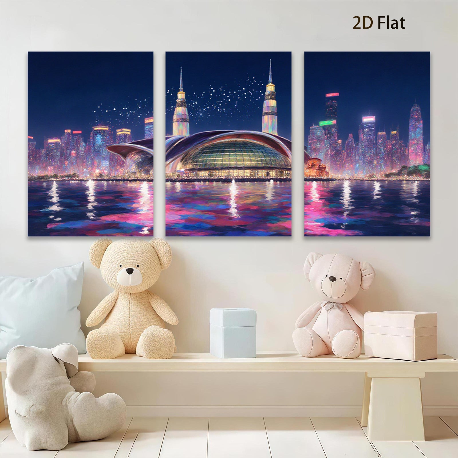 2D flat 1pc Modern Cityscape Night View Wall Art Living Room Bedroom Decor Canvas Prints Framed Ready to Hang Gallery Wrapped Teal Gold Artwork