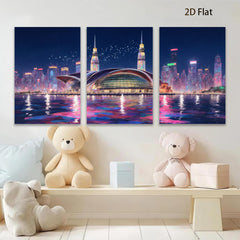 2D flat 1pc Modern Cityscape Night View Wall Art Living Room Bedroom Decor Canvas Prints Framed Ready to Hang Gallery Wrapped Teal Gold Artwork