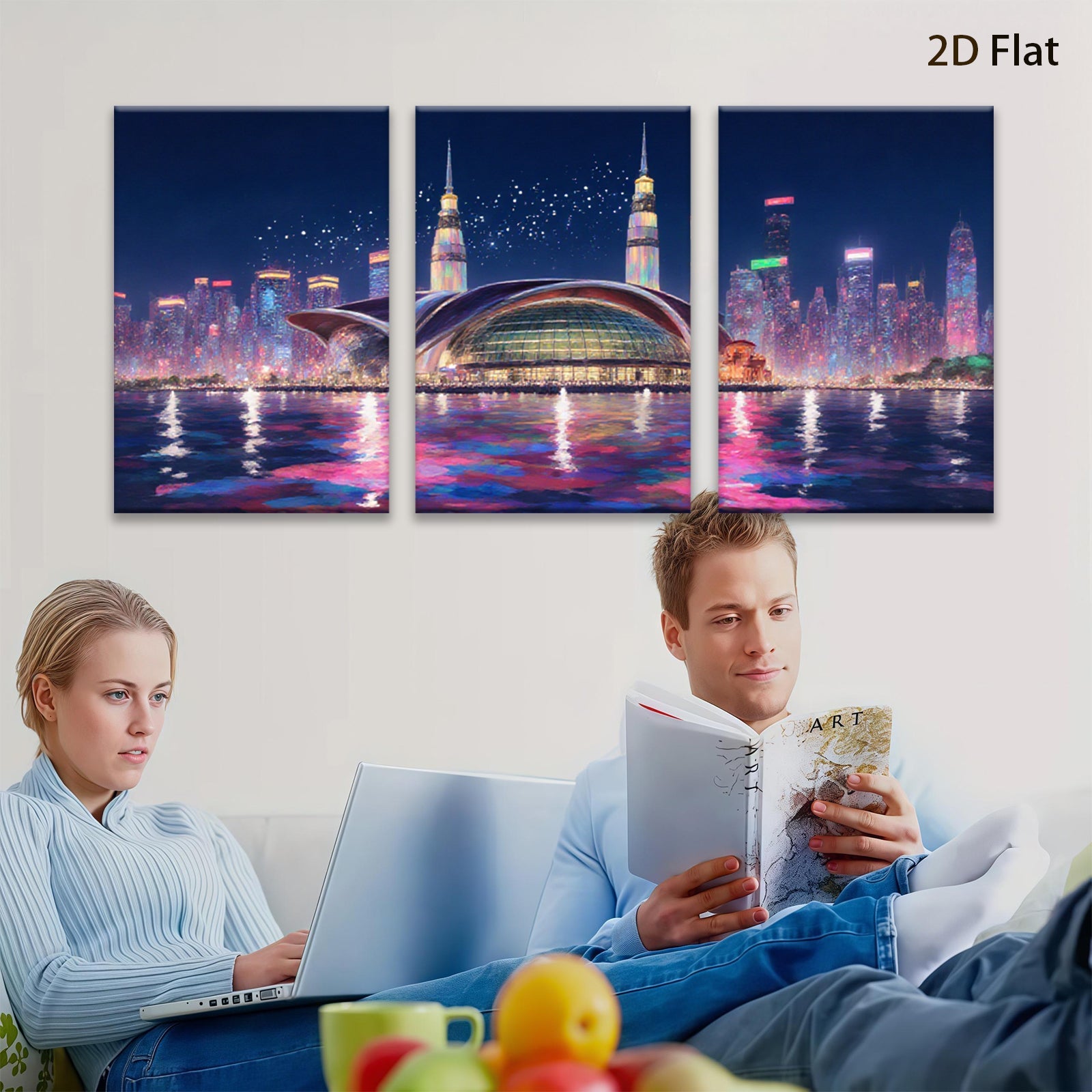 2D flat 1pc Modern Cityscape Night View Wall Art Living Room Bedroom Decor Canvas Prints Framed Ready to Hang Gallery Wrapped Teal Gold Artwork