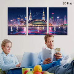 2D flat 1pc Modern Cityscape Night View Wall Art Living Room Bedroom Decor Canvas Prints Framed Ready to Hang Gallery Wrapped Teal Gold Artwork