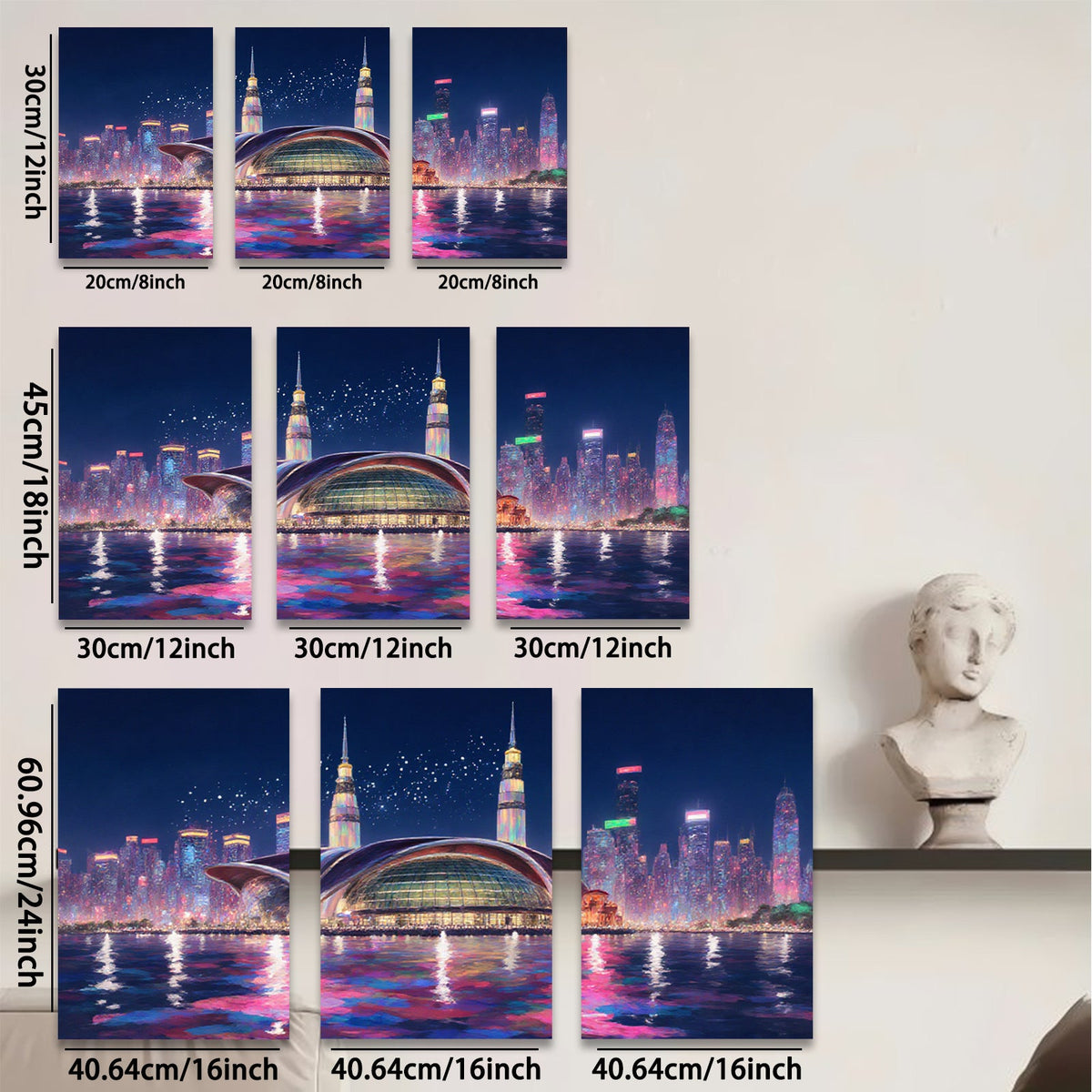 2D flat 1pc Modern Cityscape Night View Wall Art Living Room Bedroom Decor Canvas Prints Framed Ready to Hang Gallery Wrapped Teal Gold Artwork