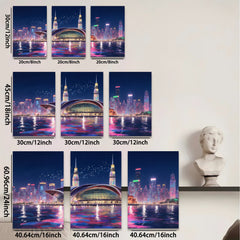 2D flat 1pc Modern Cityscape Night View Wall Art Living Room Bedroom Decor Canvas Prints Framed Ready to Hang Gallery Wrapped Teal Gold Artwork