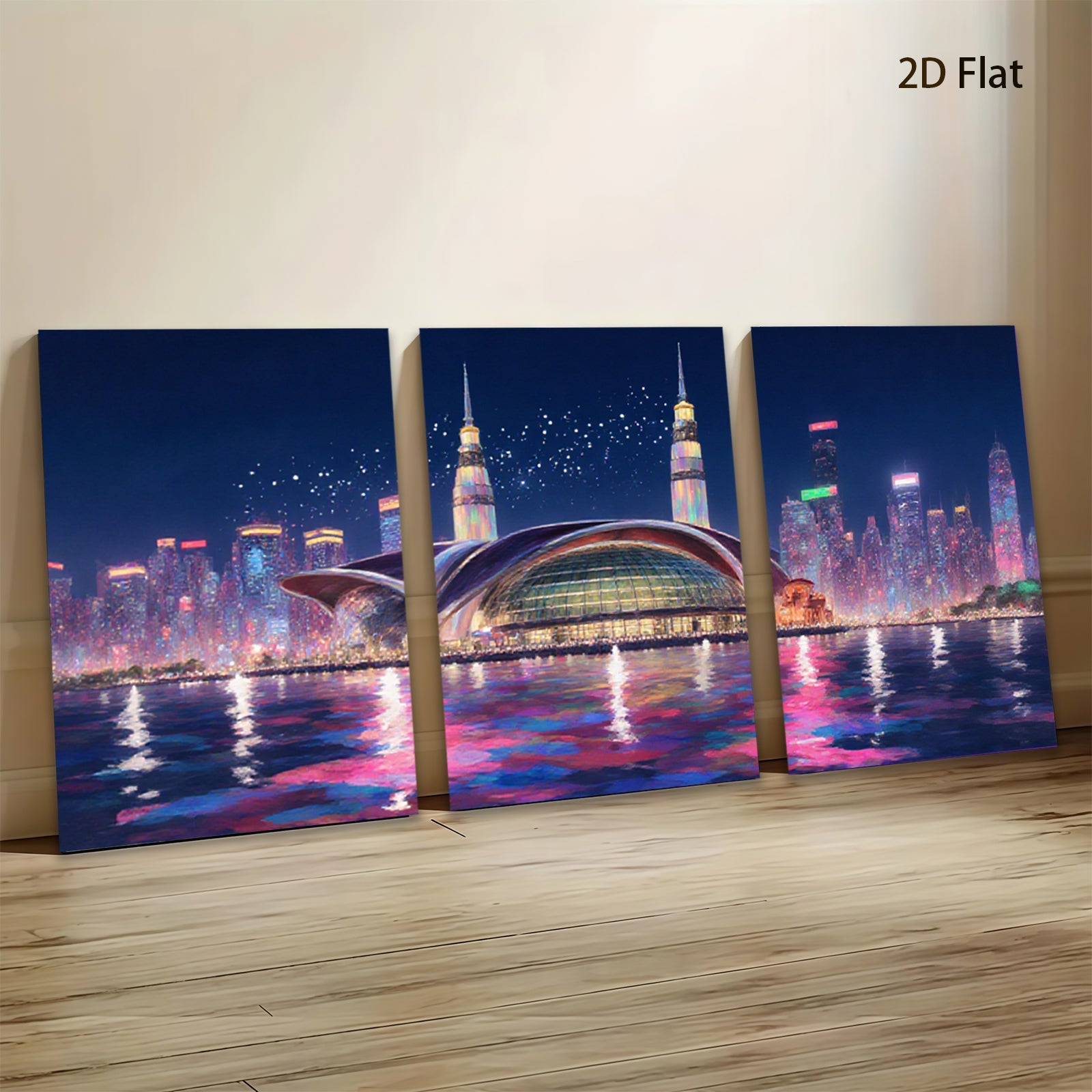 2D flat 1pc Modern Cityscape Night View Wall Art Living Room Bedroom Decor Canvas Prints Framed Ready to Hang Gallery Wrapped Teal Gold Artwork