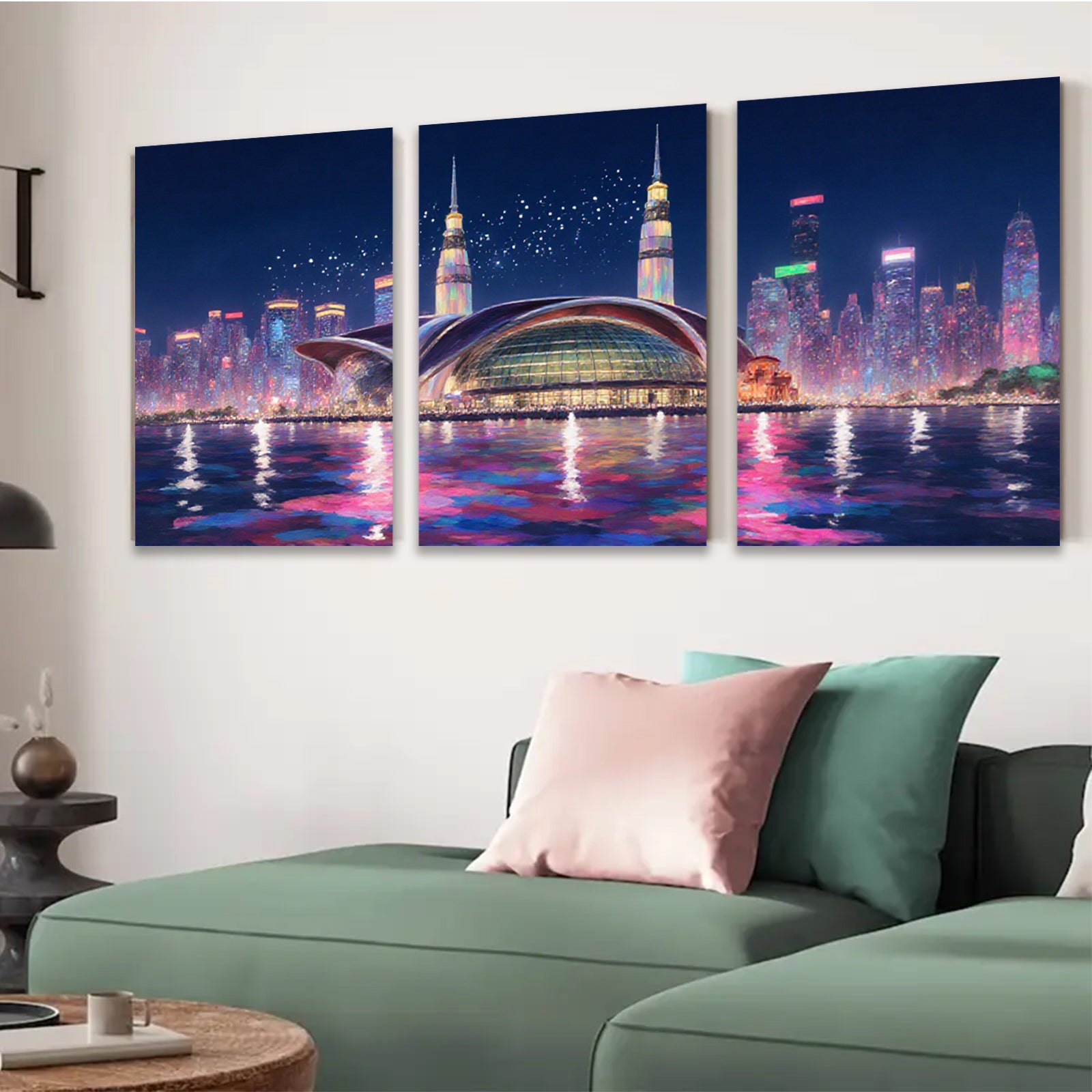 2D flat 1pc Modern Cityscape Night View Wall Art Living Room Bedroom Decor Canvas Prints Framed Ready to Hang Gallery Wrapped Teal Gold Artwork